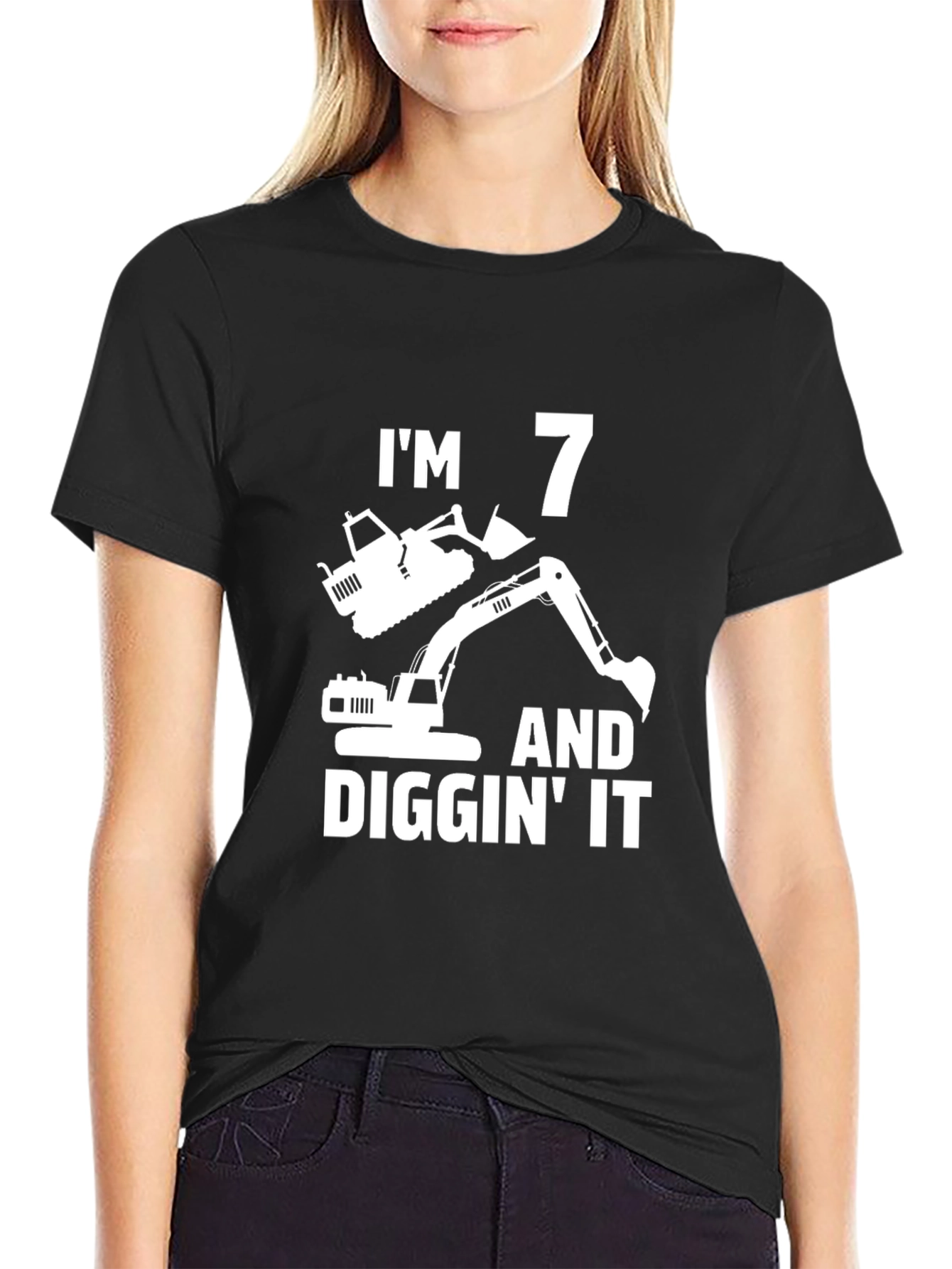 Black I'm 7 Diggin' It T-Shirt, Birthday Excavator Tee view 2