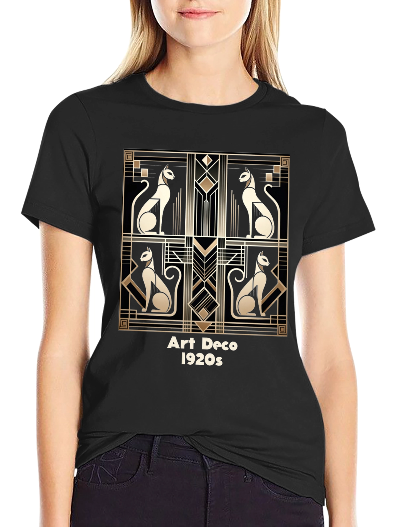 Black Art Deco Cats T-Shirt - Vintage 1920s Style view 2