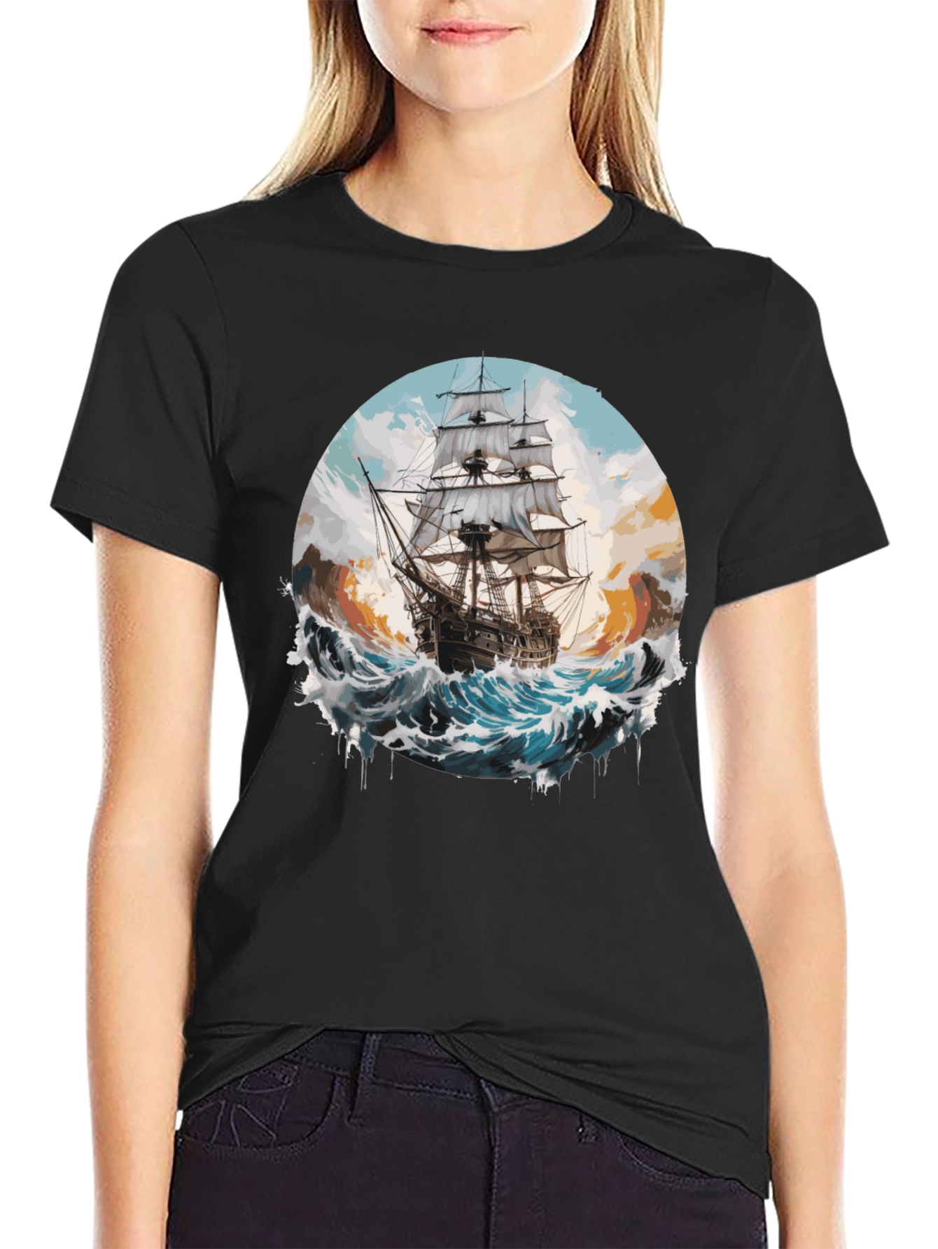 Black Sailing Ship Graphic Tee - Black Cotton Crew Neck view 2