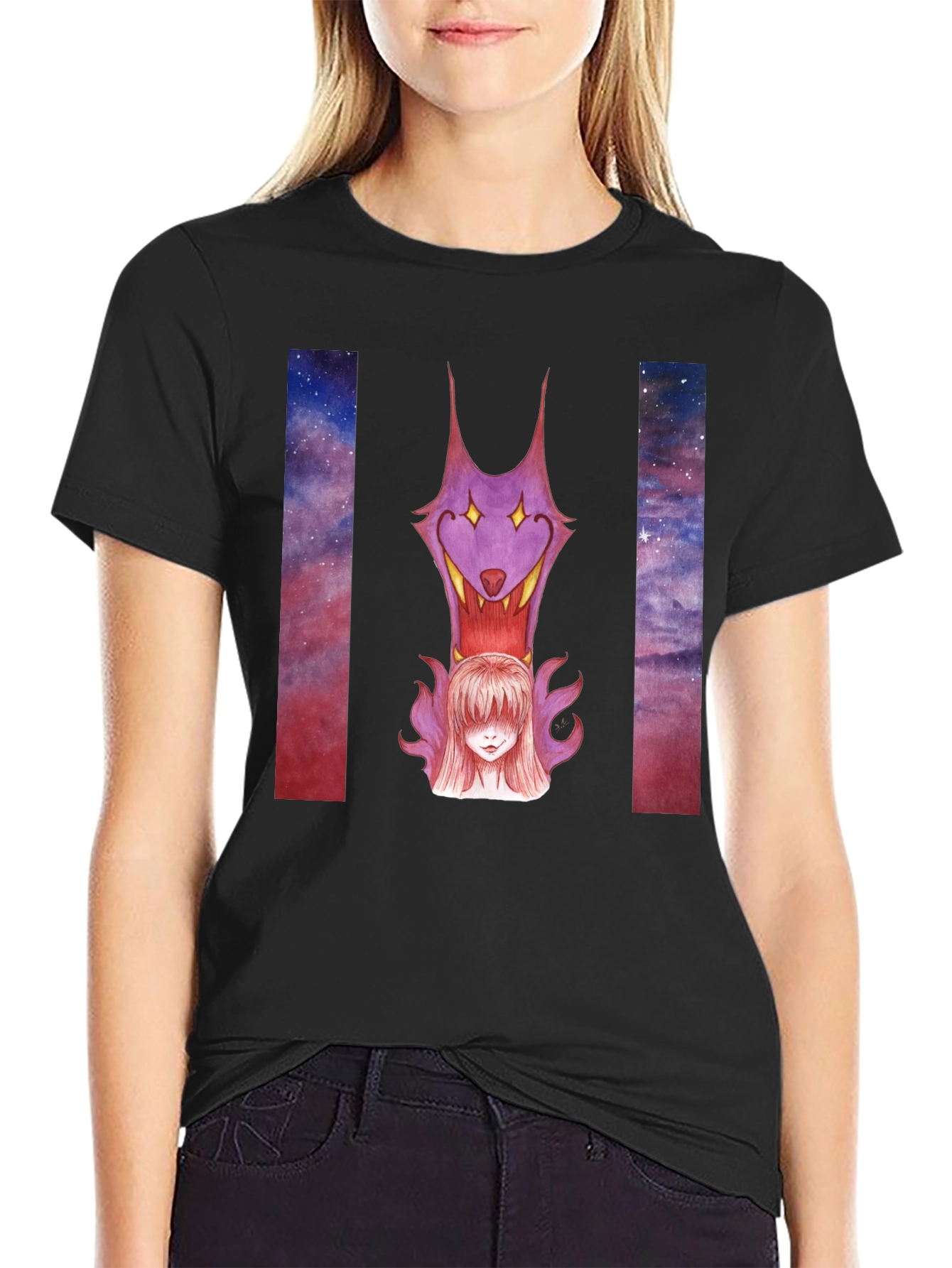 Black Wolf & Girl Graphic Print Black T-Shirt view 2