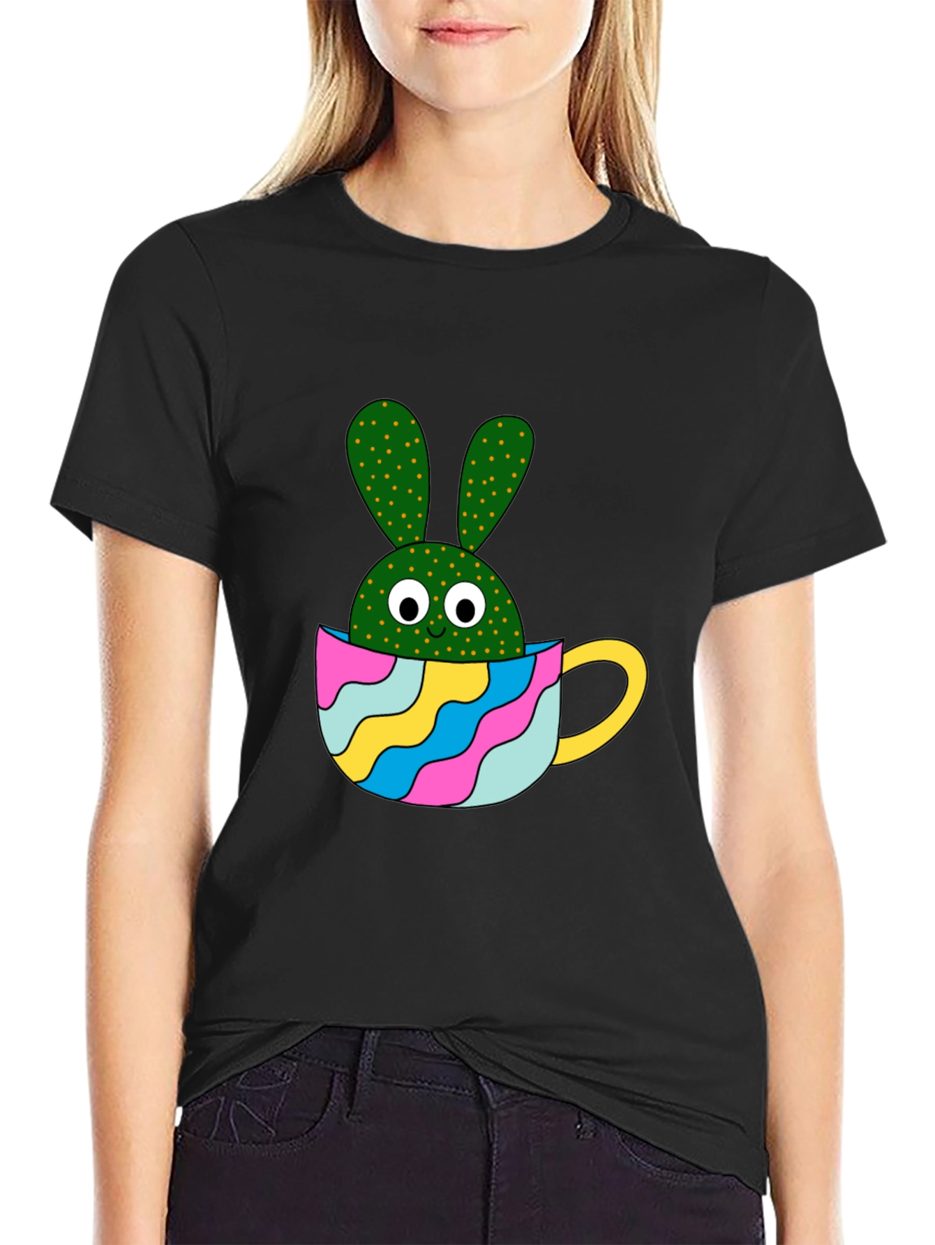 Black Cactus Bunny Black T-Shirt view 2