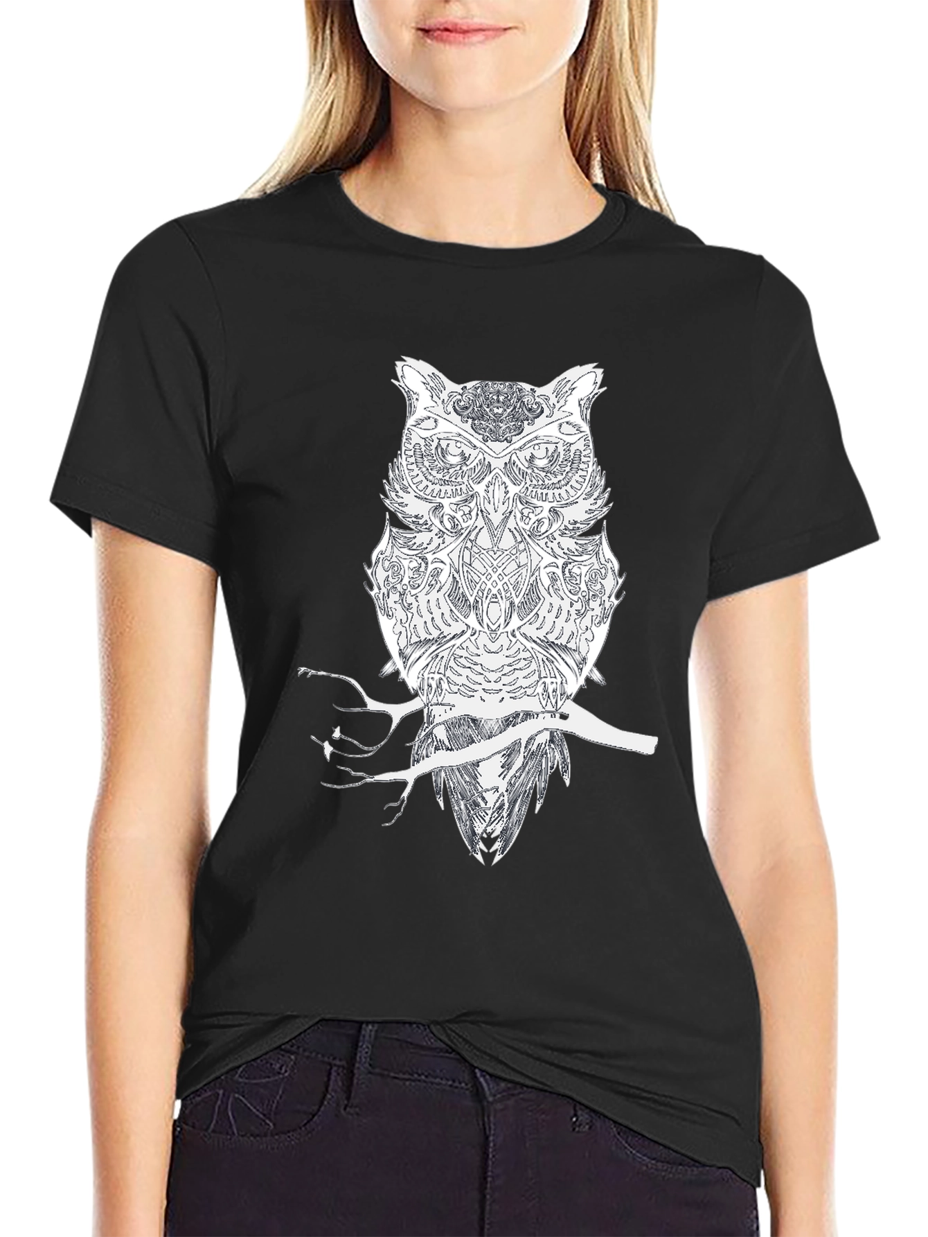Black Owl on Branch Black Tee - Unique Graphic Design view 2