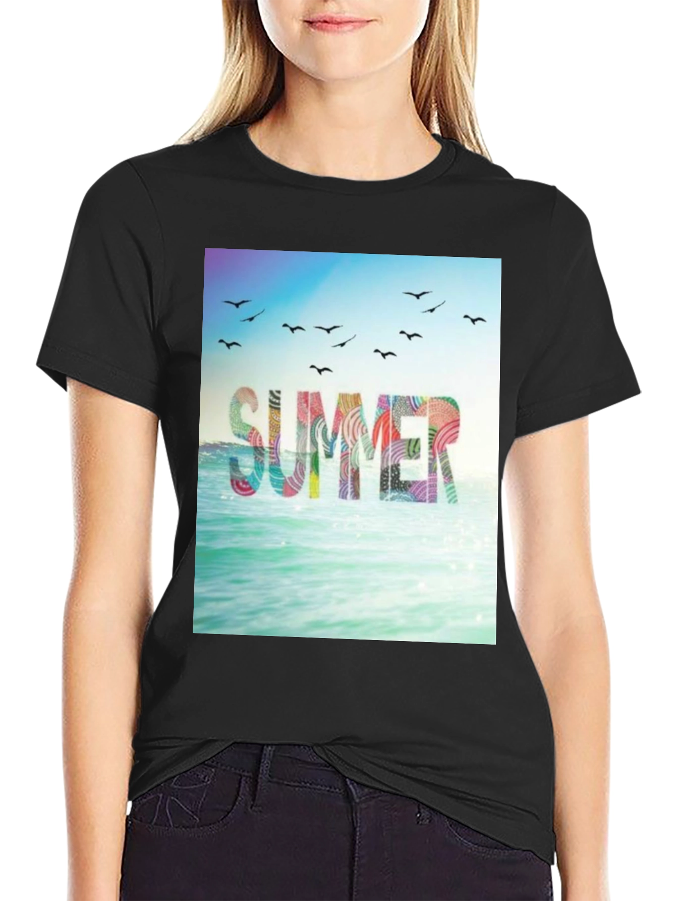 Black Summer Beach Graphic Tee - Black Cotton T-Shirt view 2