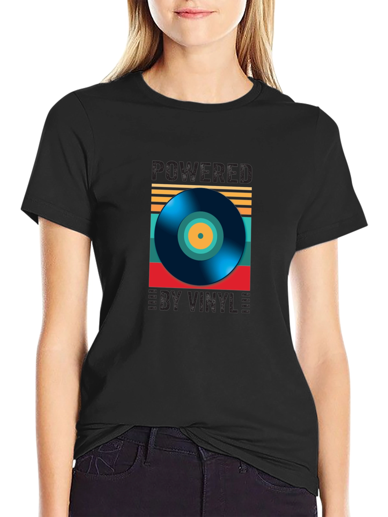 Black Powered by Vinyl Graphic Tee - Retro Music Lover Shirt view 2