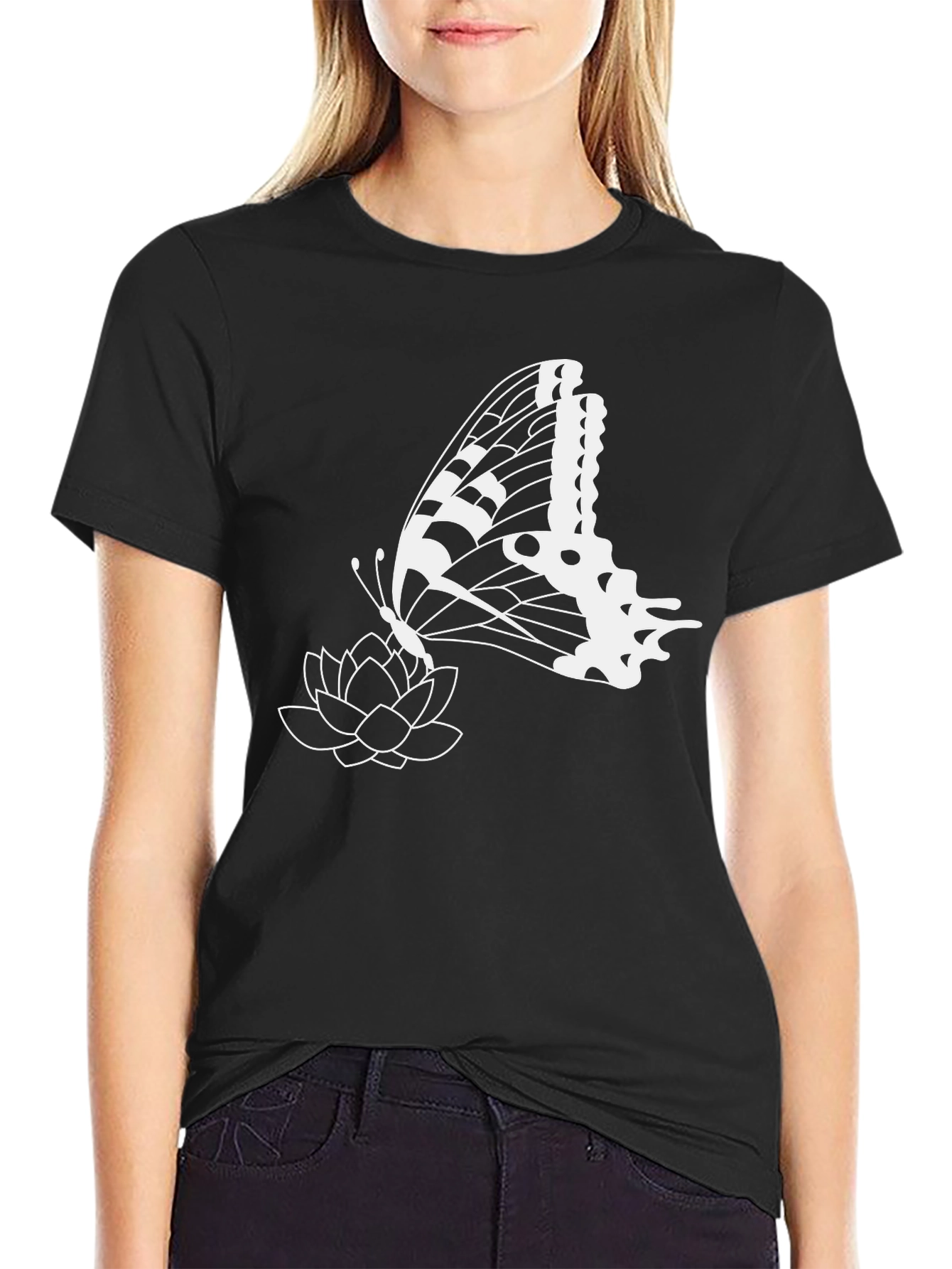 Black Butterfly & Lotus Graphic Tee - Stylish Black T-Shirt view 2