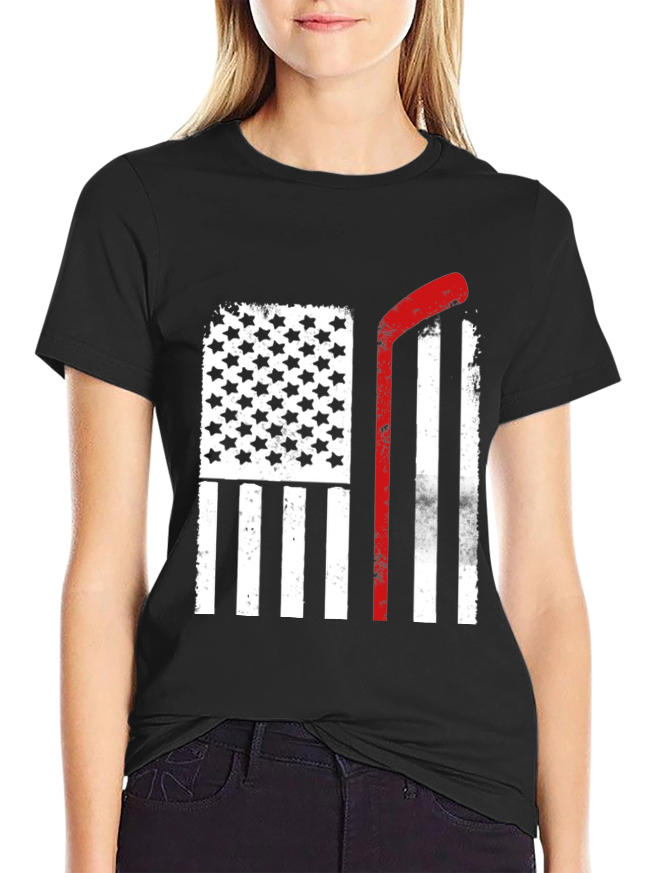 Black USA Hockey Stick Flag T-Shirt view 2