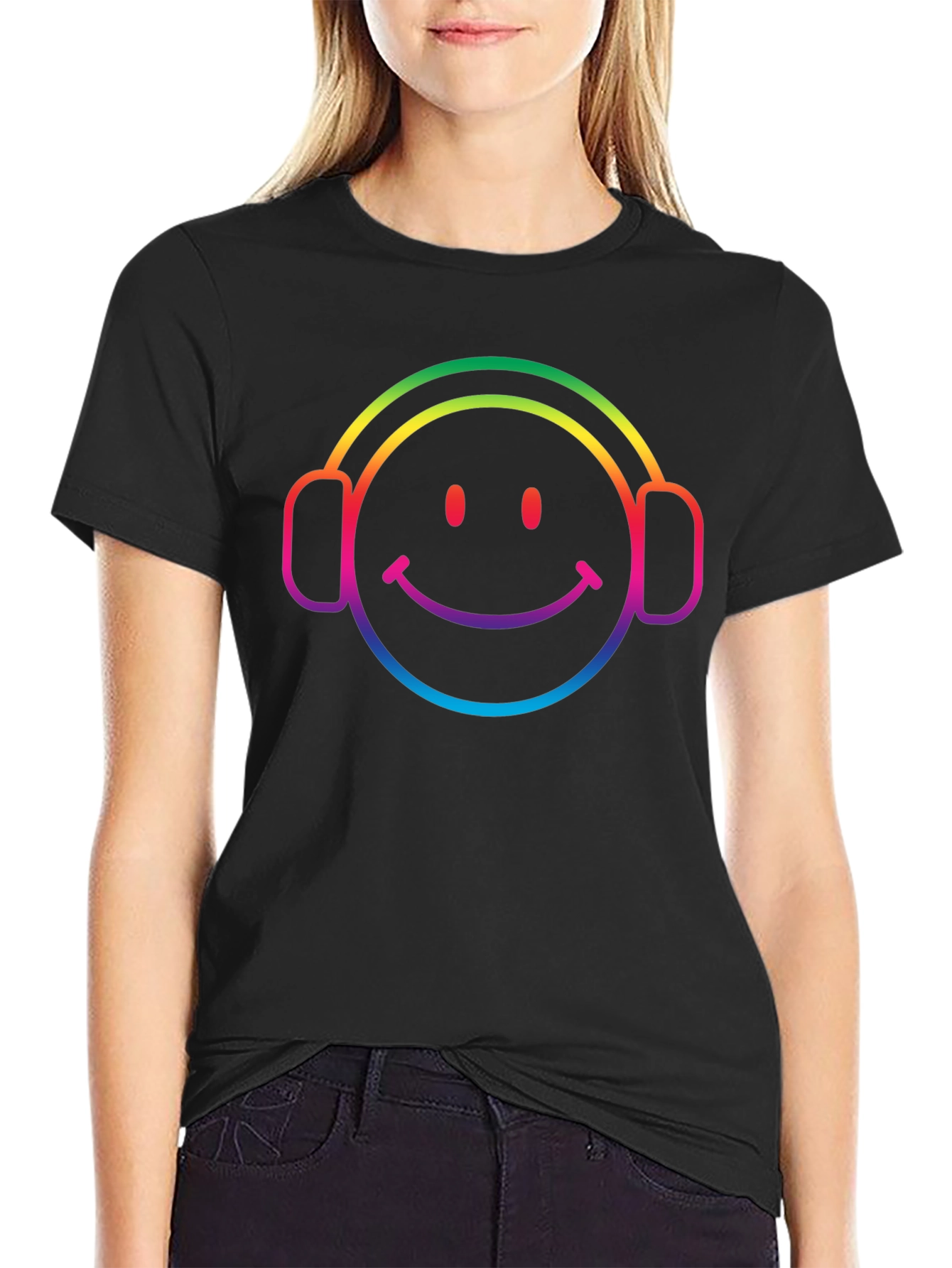 Black Rainbow Smiley Face Headphones Black T-Shirt view 2
