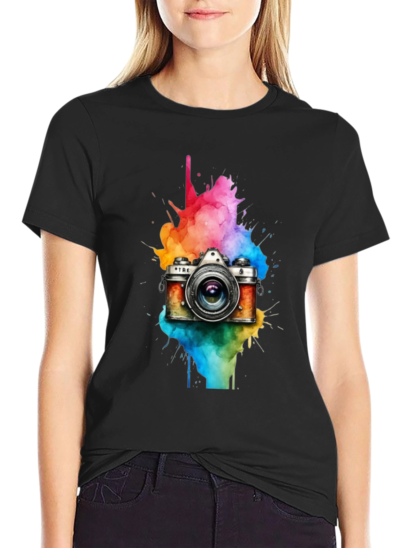 Black Vintage Camera Watercolor Graphic Tee view 2