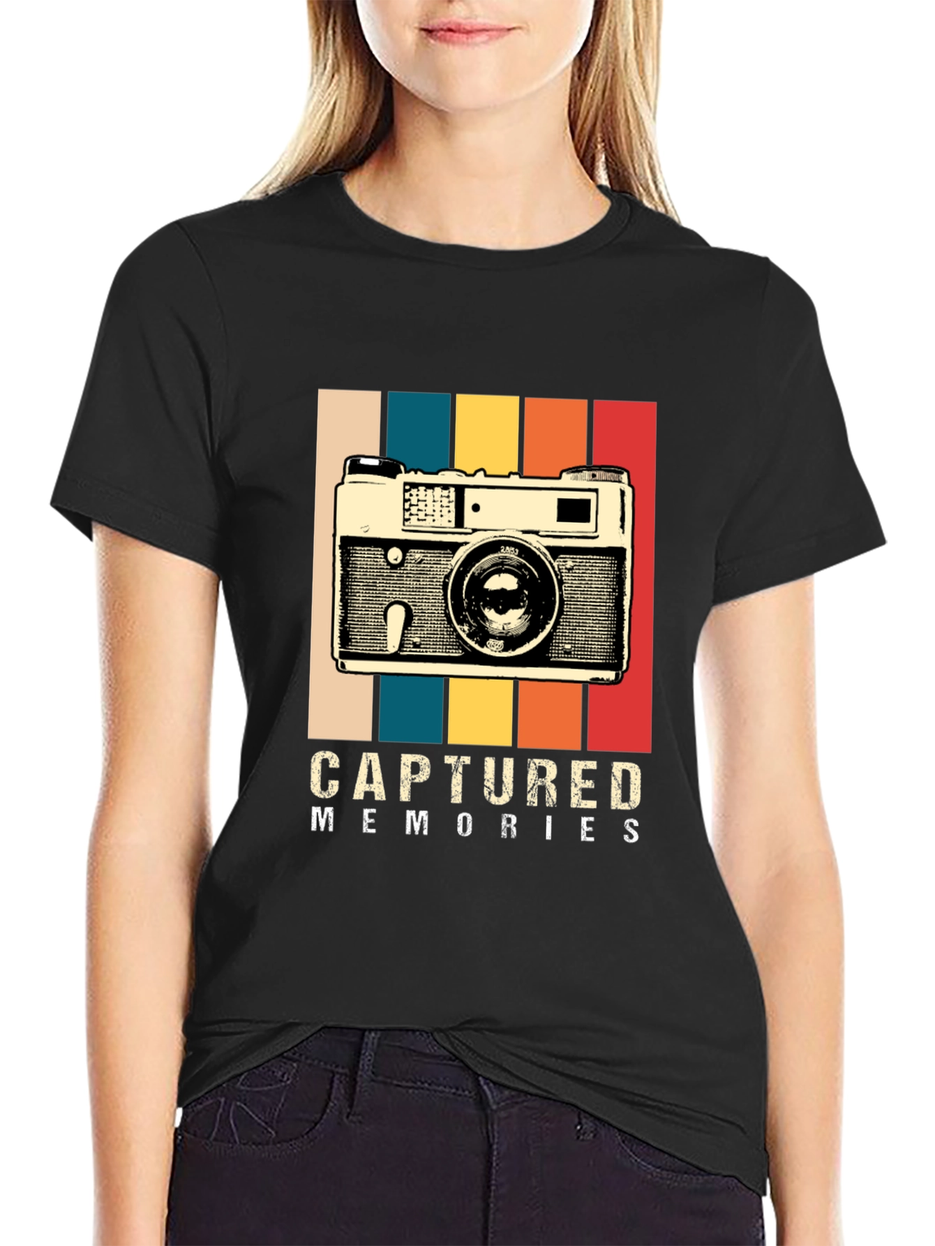 Black Captured Memories Retro Camera Graphic T-Shirt view 2