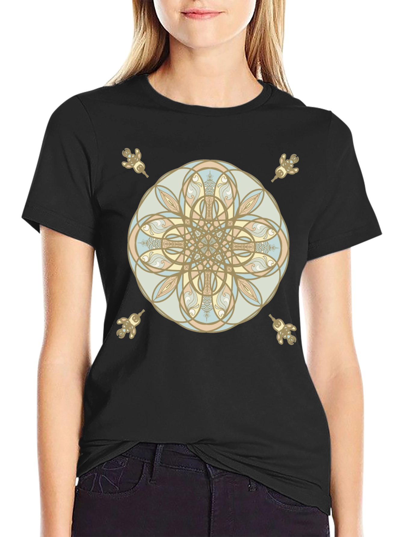 Black Mandala Art Graphic Print Men's Black T-Shirt view 2