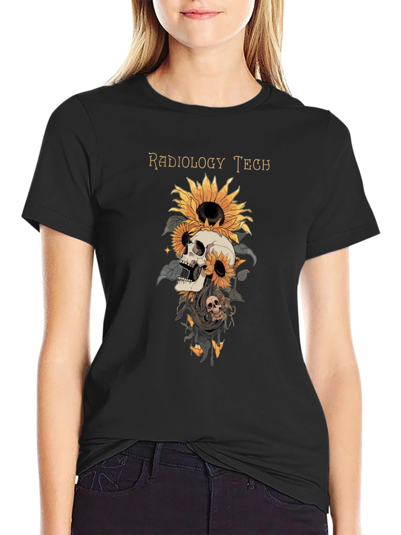 Black Radiology Tech Skull Sunflower Graphic Tee view 2