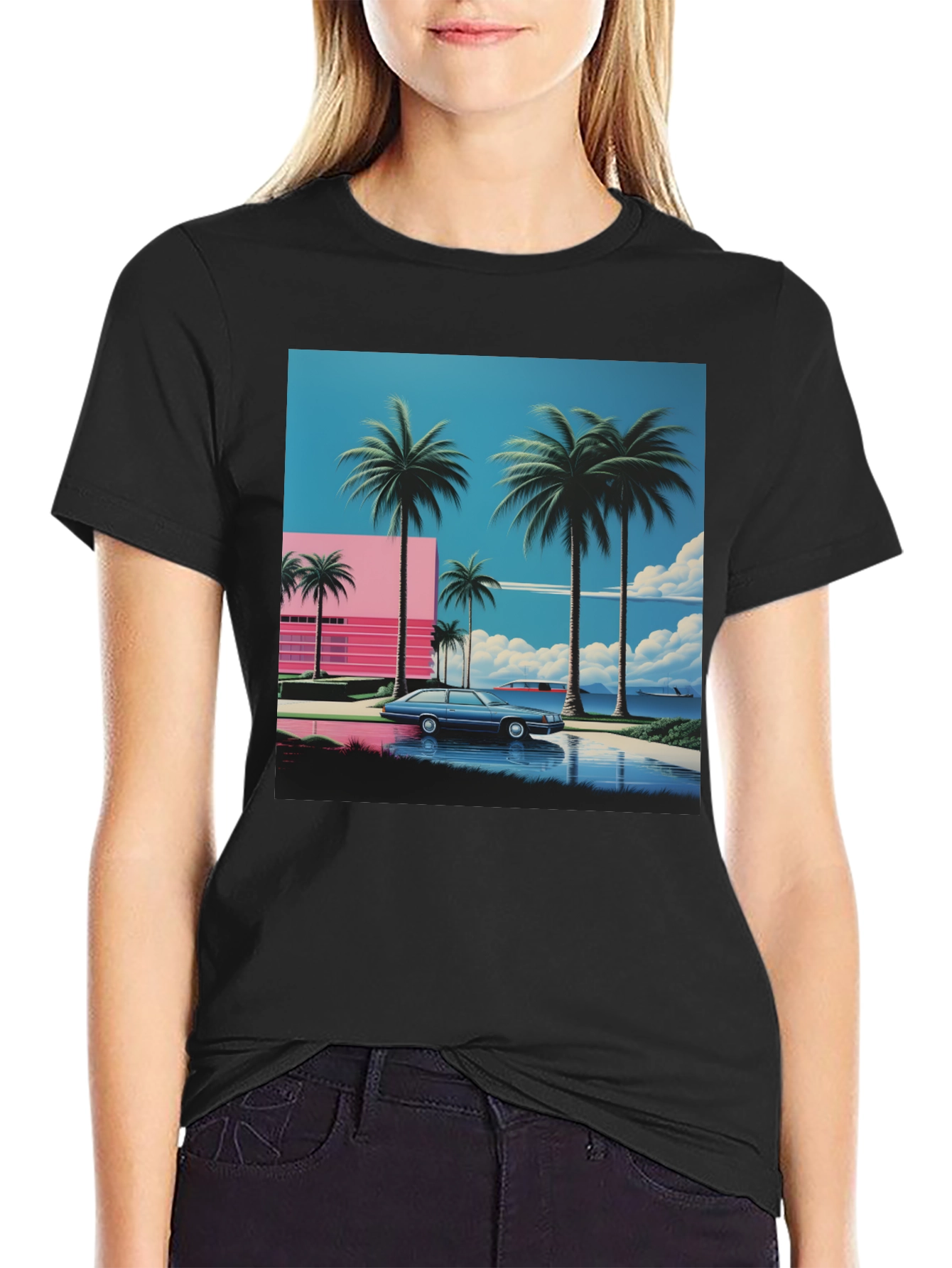 Black Miami Vice Style T-Shirt, Retro Car & Palms view 2