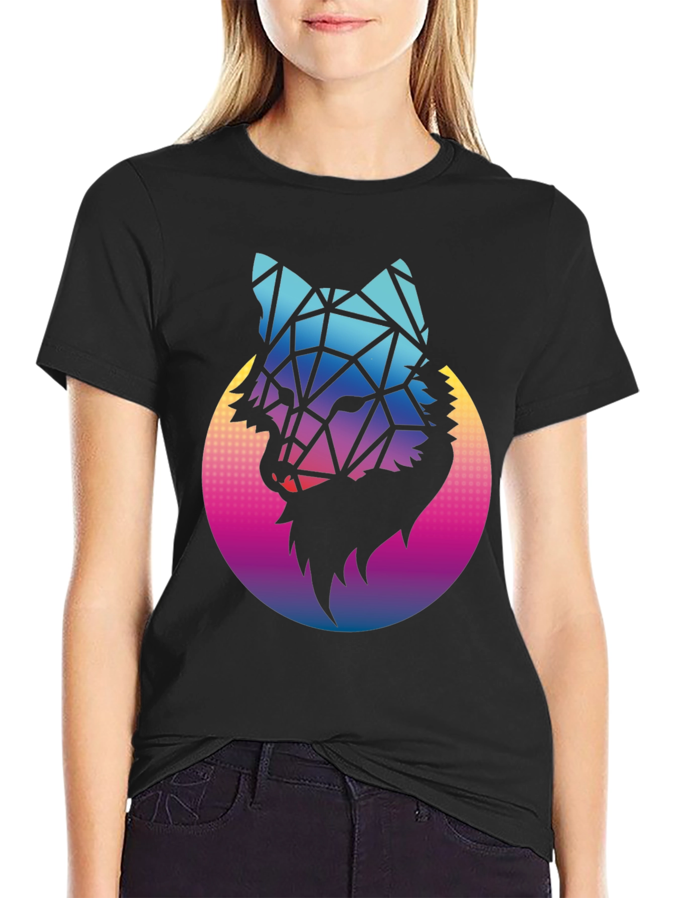 Black Geometric Wolf Graphic Tee - Black Cotton Blend view 2