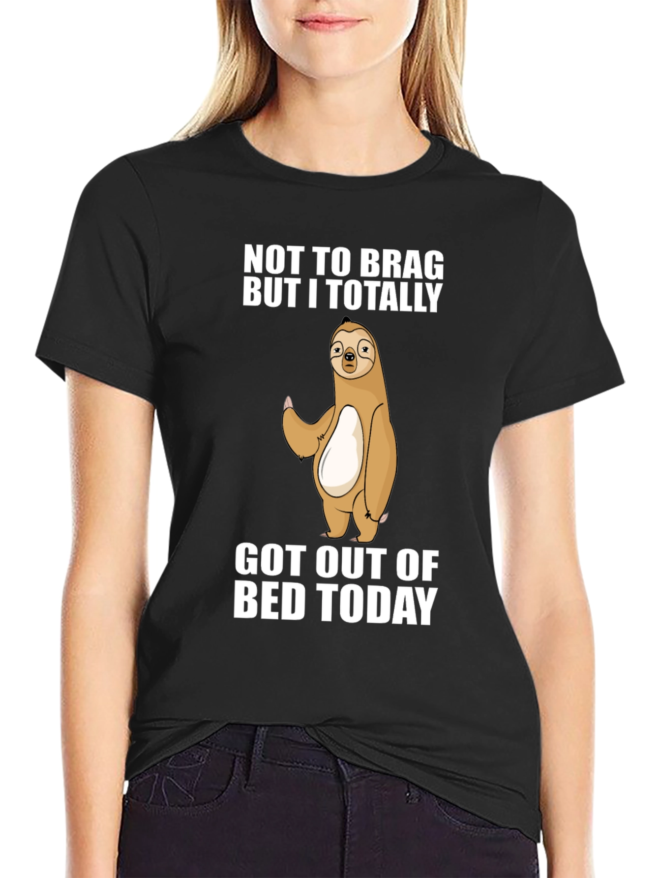 Black Funny Sloth T-Shirt: Not to Brag Got Out of Bed view 2