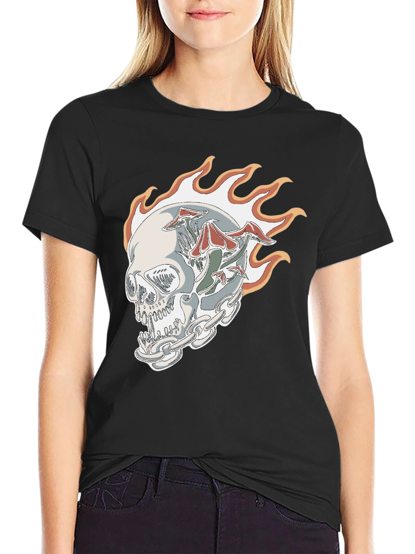 Black Skull Mushroom Flame T-Shirt - Black view 2