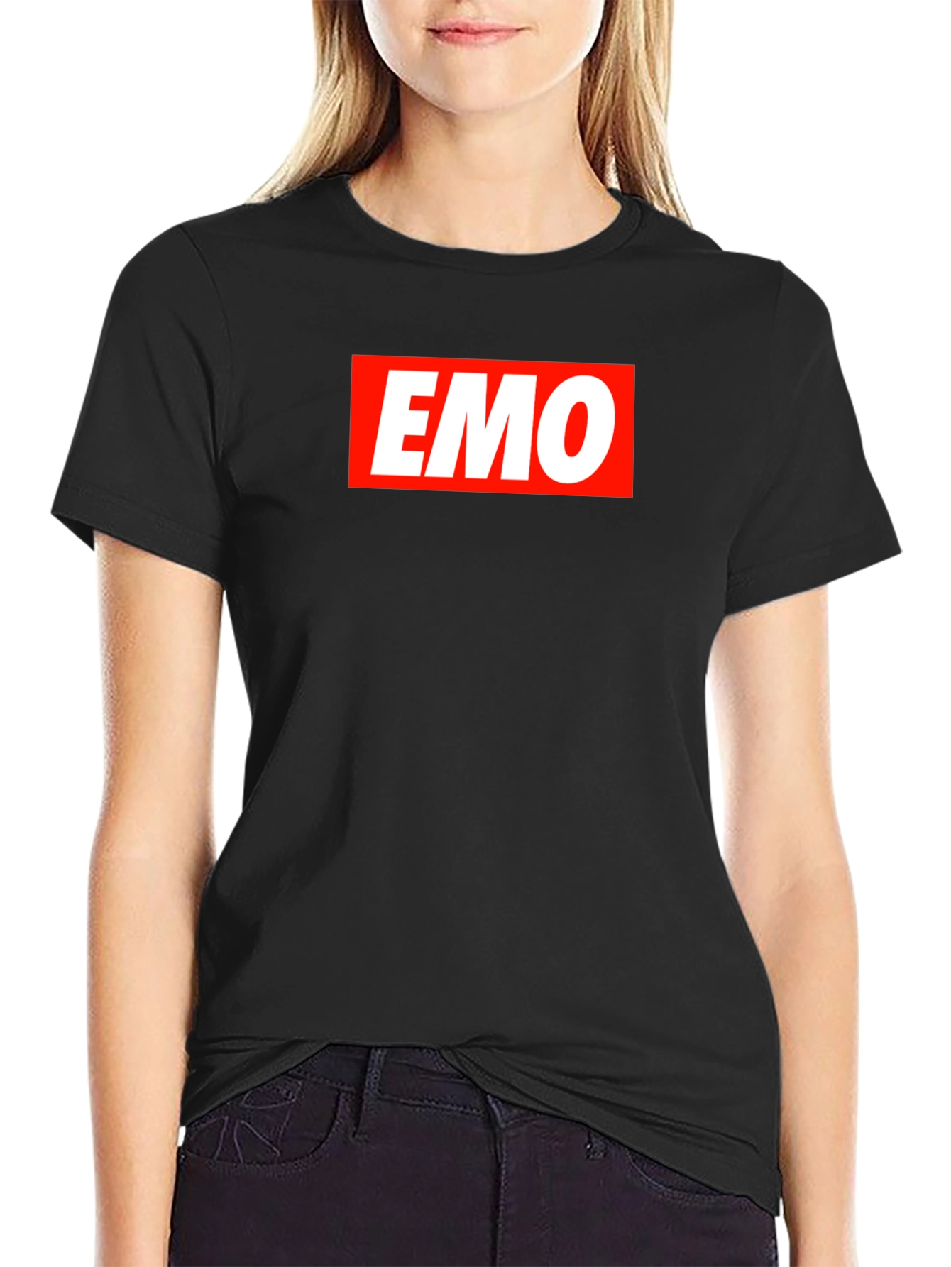 Black Emo T-Shirt - Classic Red and White Logo Design view 2