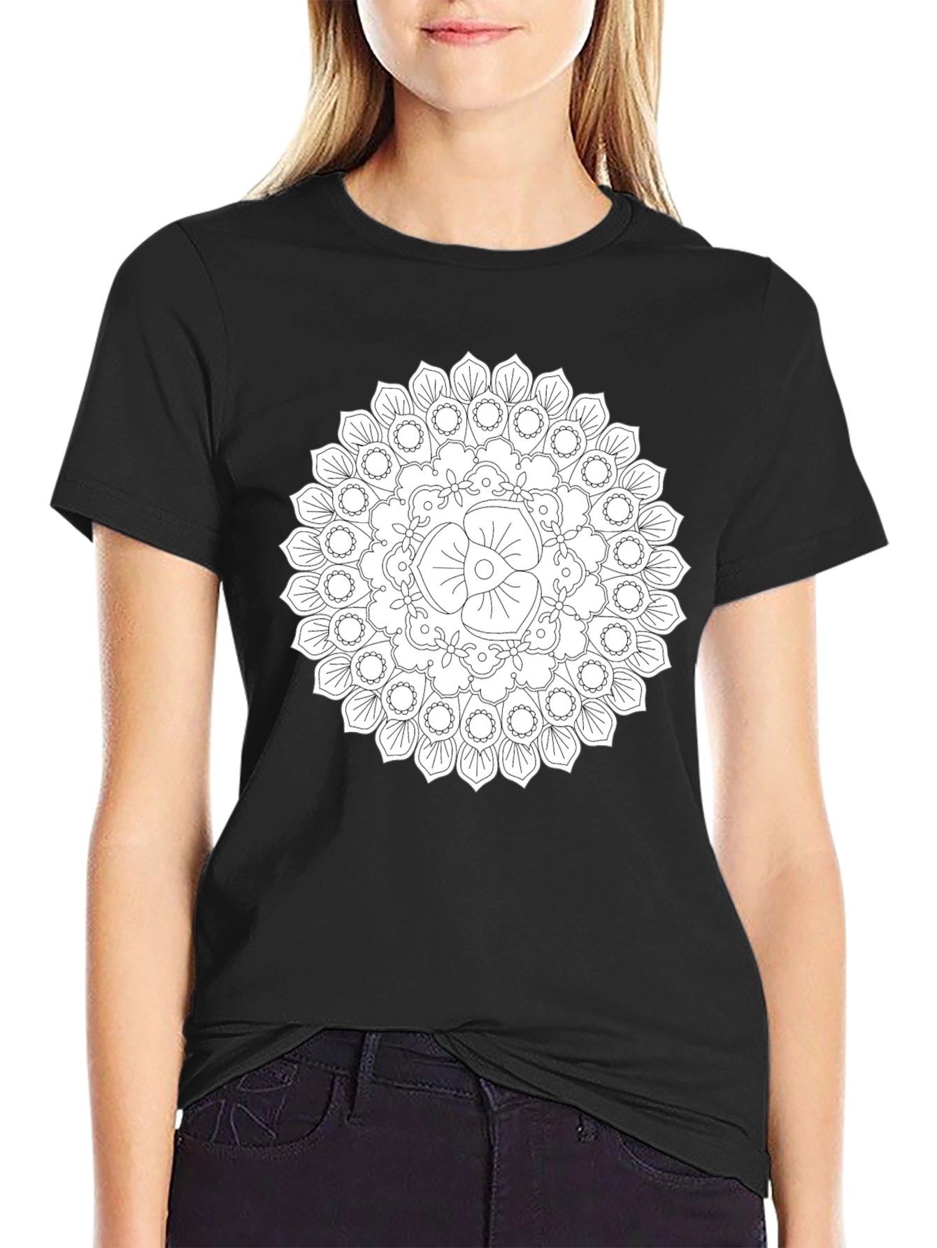 Black Black Mandala T-Shirt - Unique Geometric Design view 2