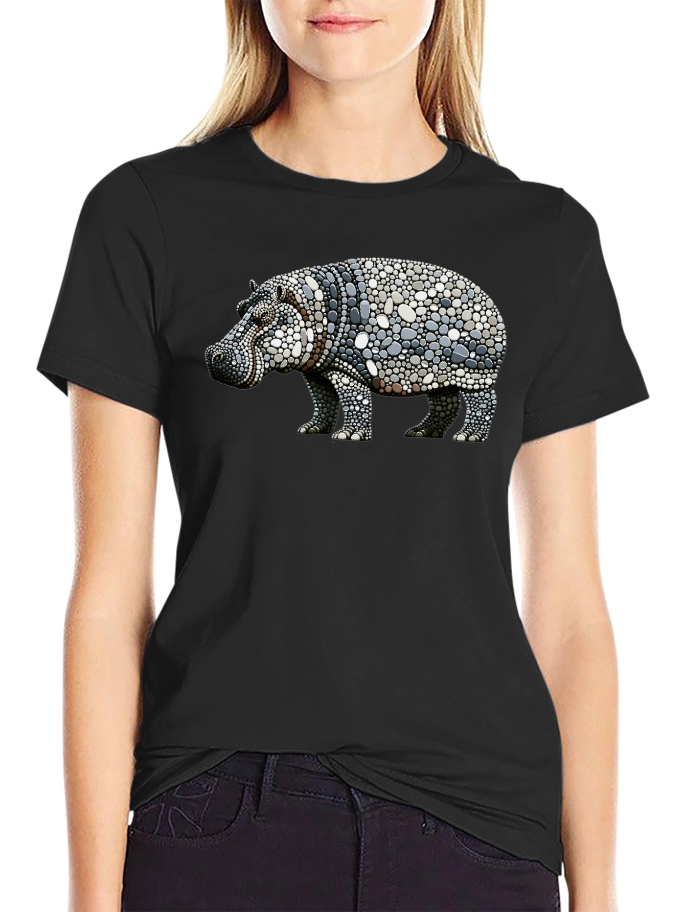 Black Hippo Pebble Art Graphic Tee - Black Cotton Shirt view 2