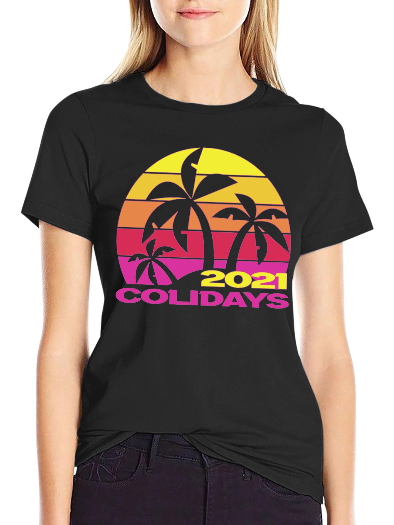 Black Tropical 2021 Holidays Black T-Shirt view 2