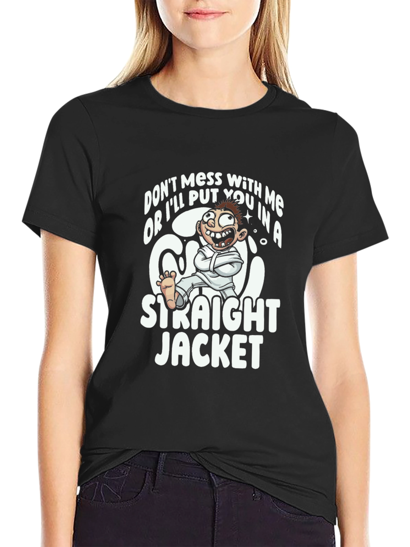 Black Funny Straight Jacket Cartoon Graphic T-Shirt view 2