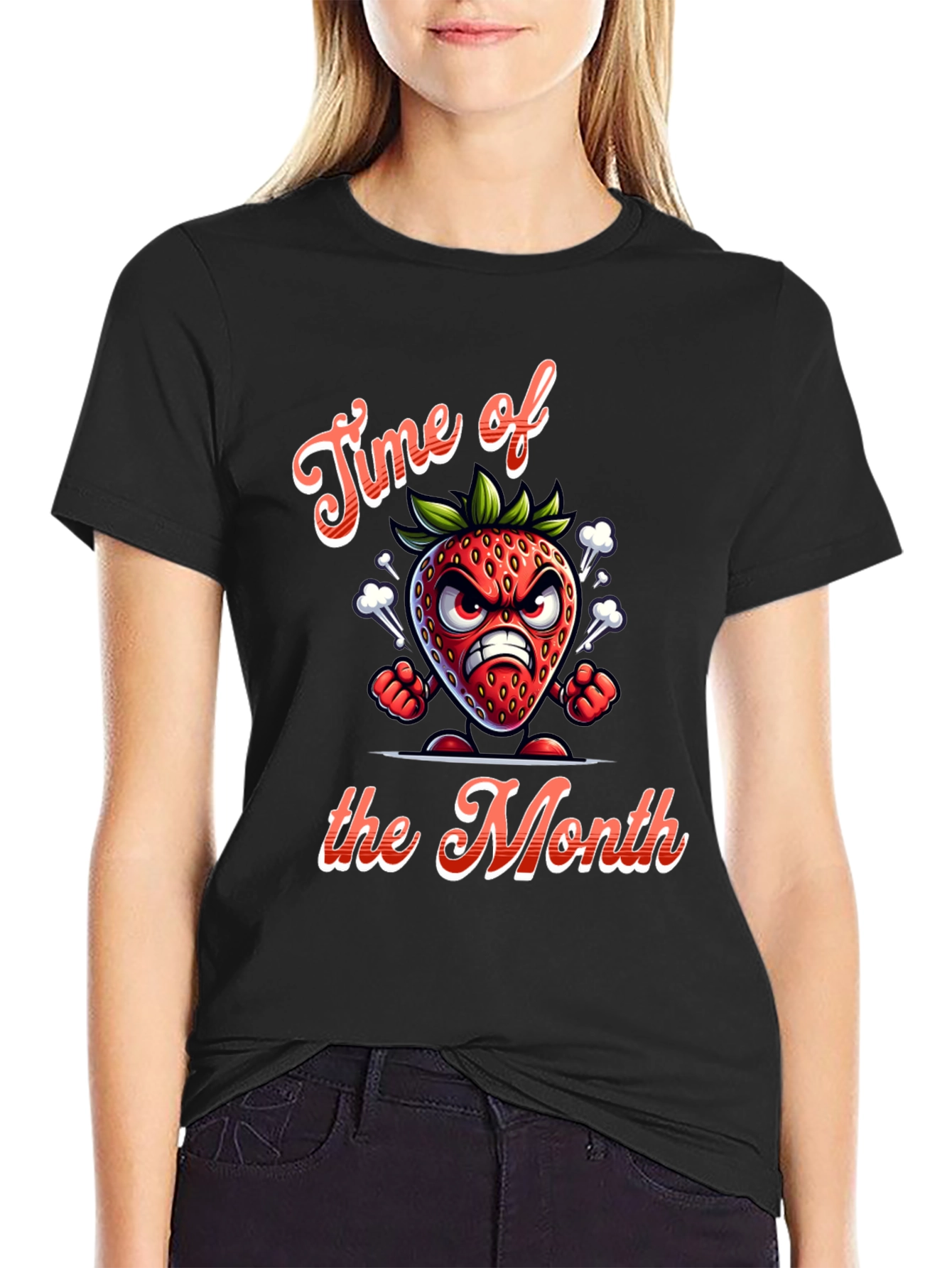 Black Time of the Month Angry Strawberry Graphic T-Shirt view 2