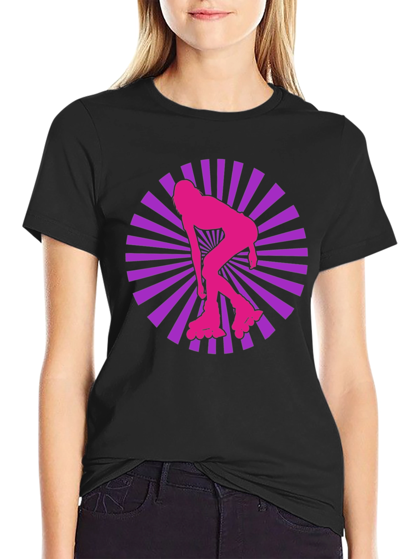 Black Retro Roller Girl T-Shirt - Black Cotton Blend view 2