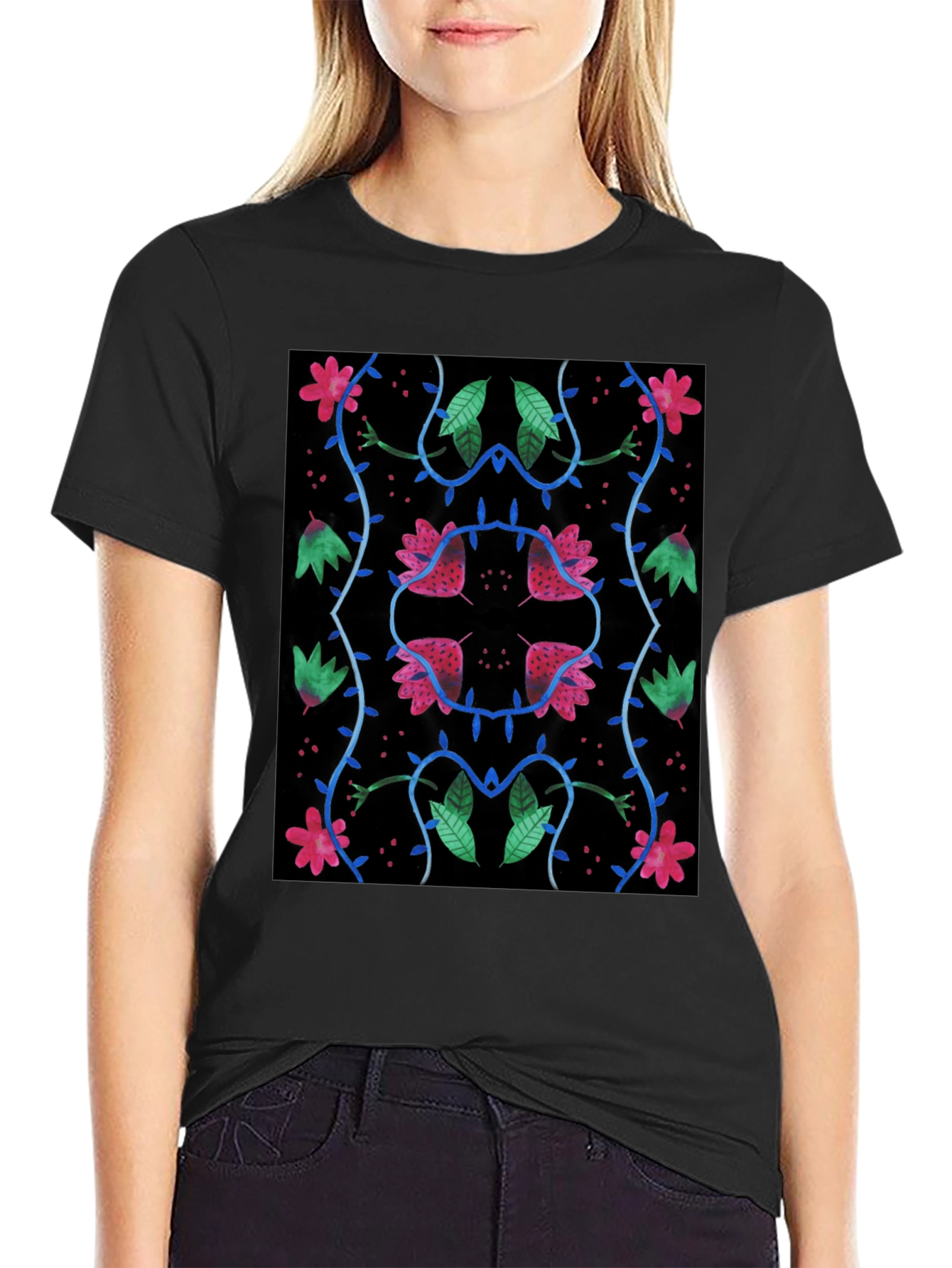 Black Floral Pattern Black T-Shirt view 2