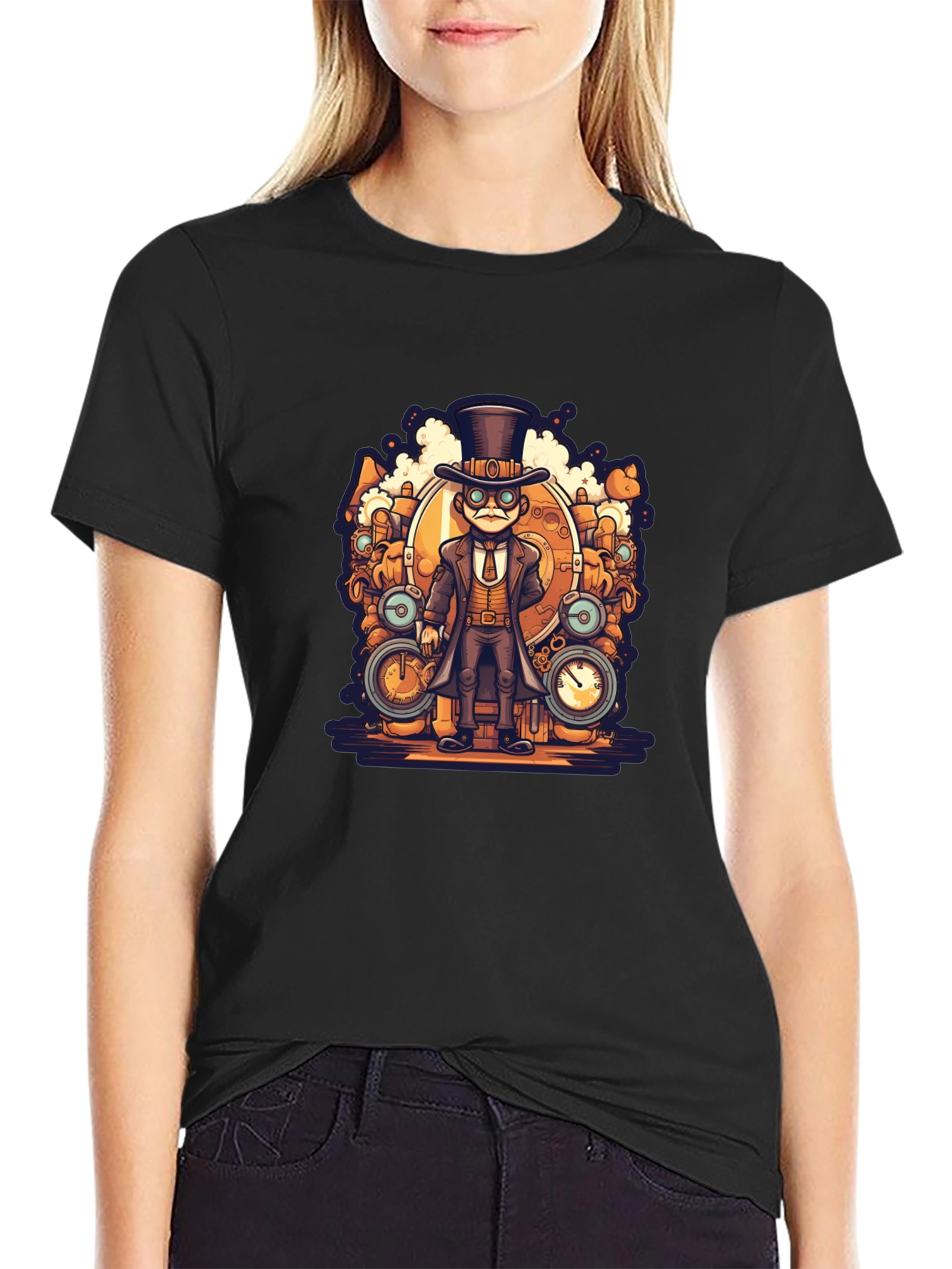Black Steampunk Cartoon Black T-Shirt view 2