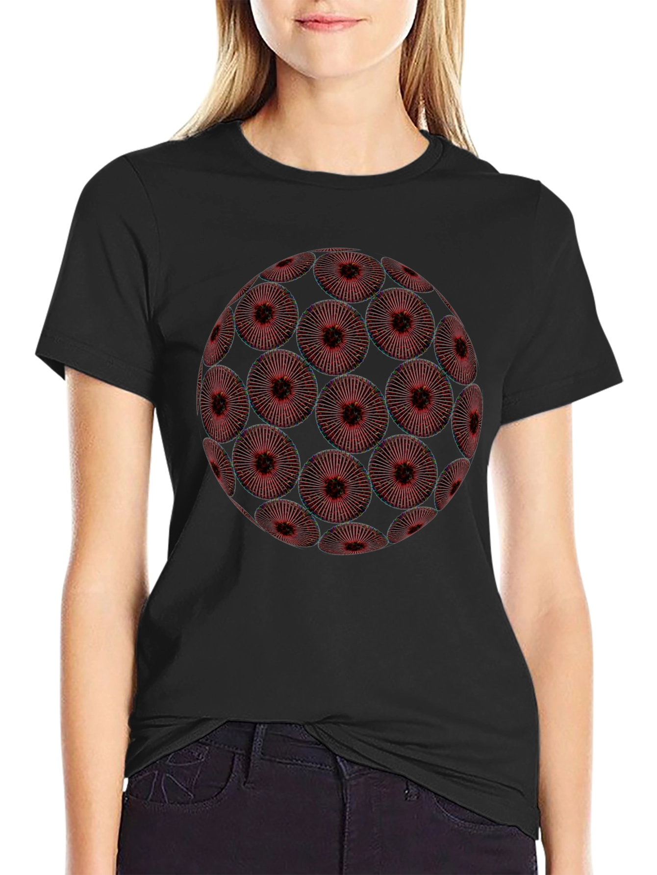 Black Abstract Red Floral Orb Graphic Black T-Shirt view 2