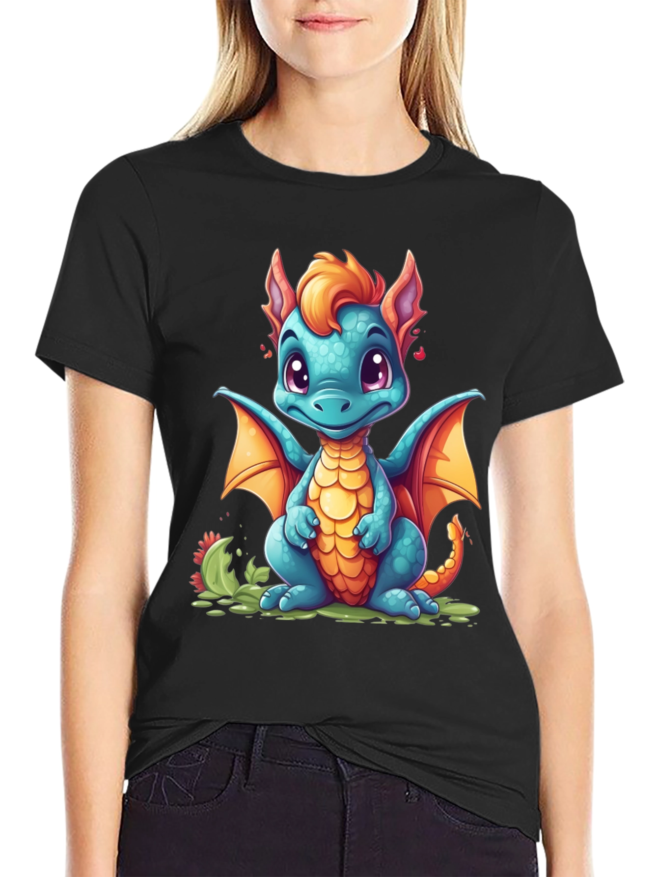 Black Cute Cartoon Dragon Graphic T-Shirt view 2