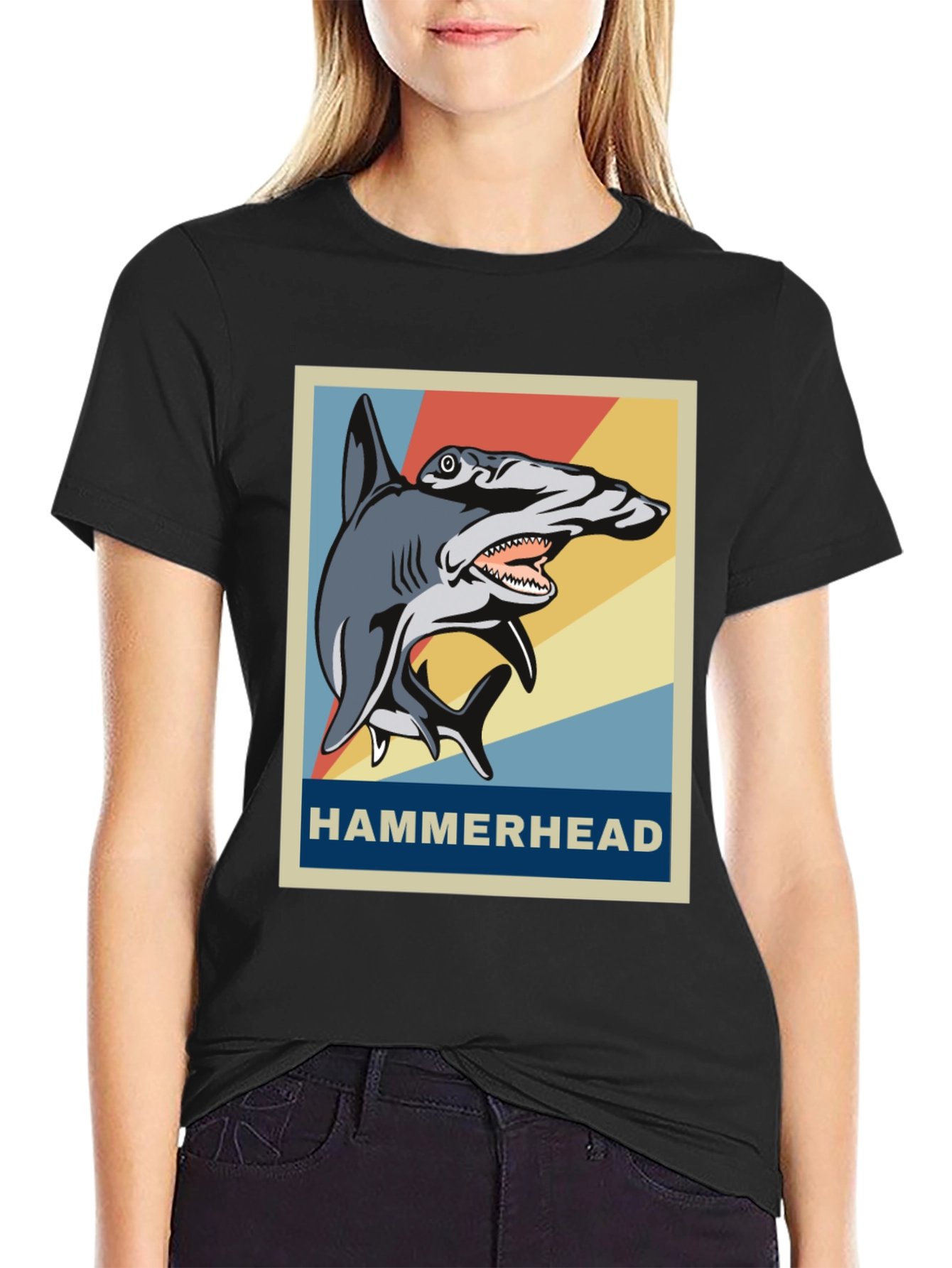 Black Hammerhead Shark Graphic Tee - Retro Style view 2