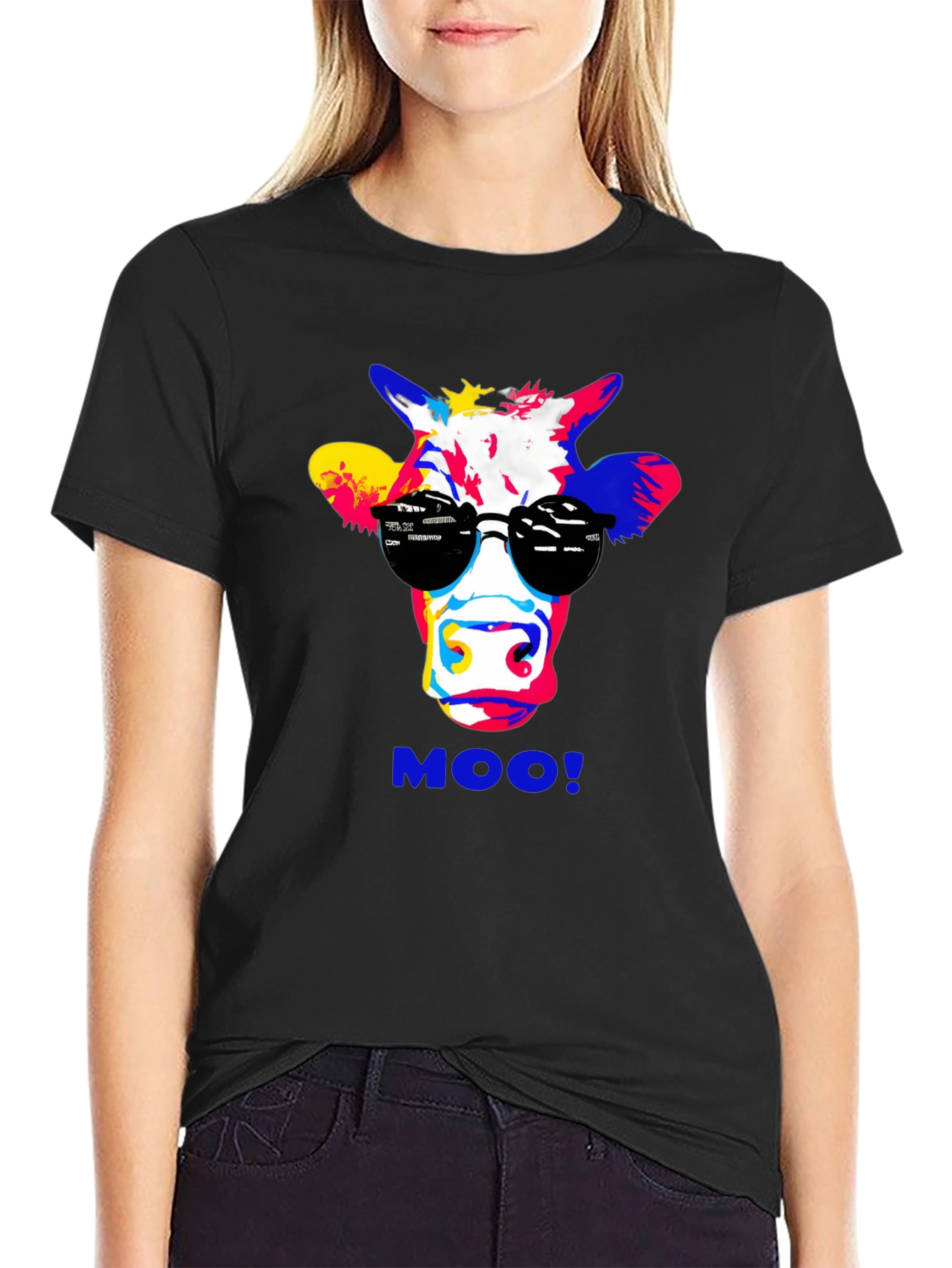 Black Cool Cow Graphic Tee - Funky Animal Print T-Shirt view 2