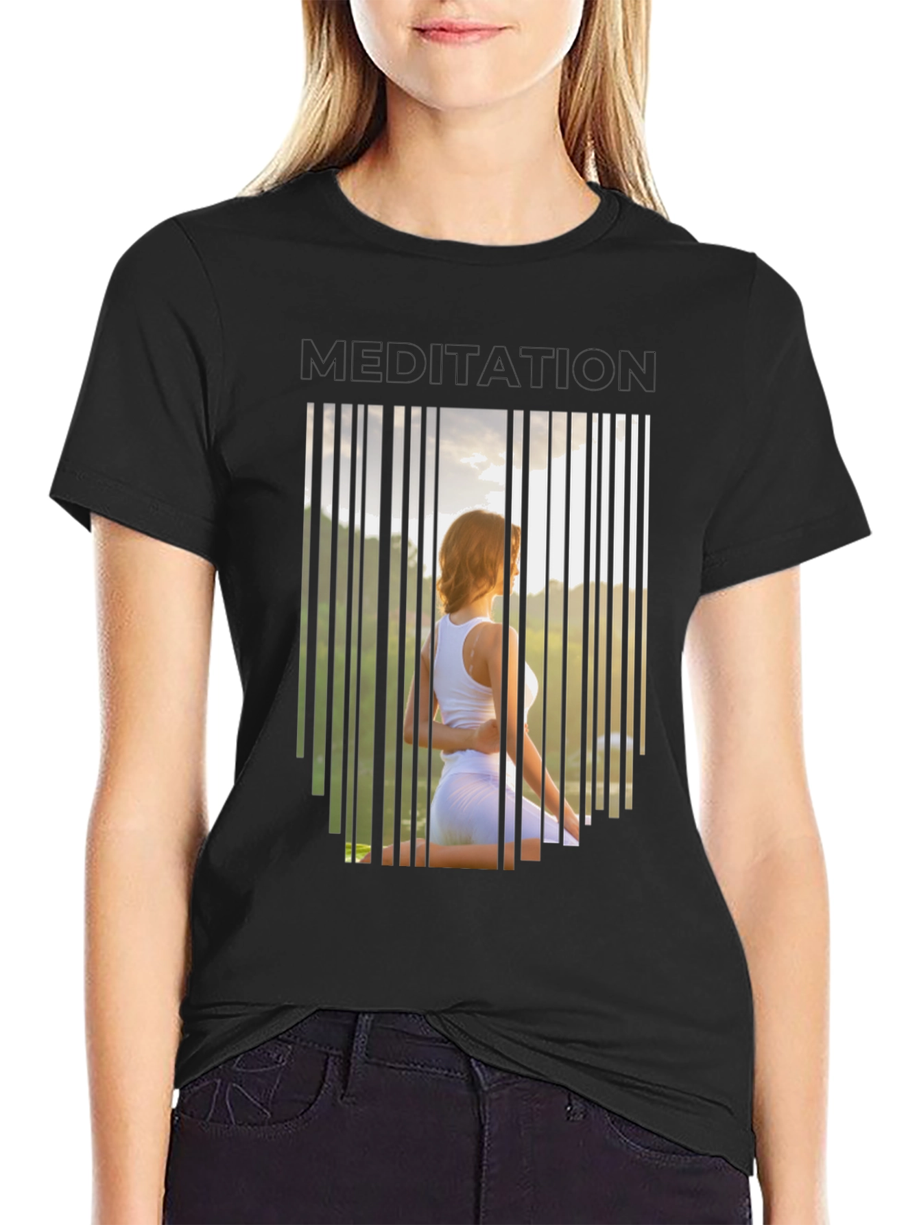 Black Meditation T-Shirt - Zen Barcode Design view 2
