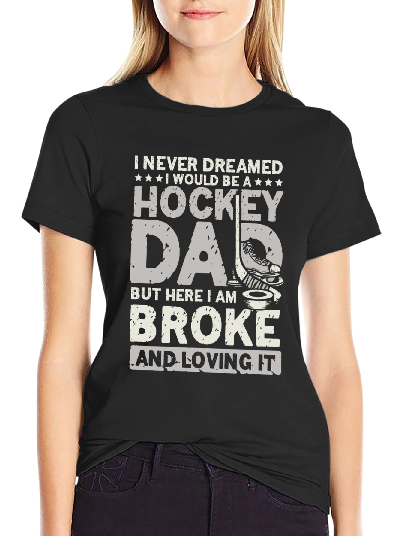 Black Hockey Dad T-Shirt - Broke and Loving It view 2