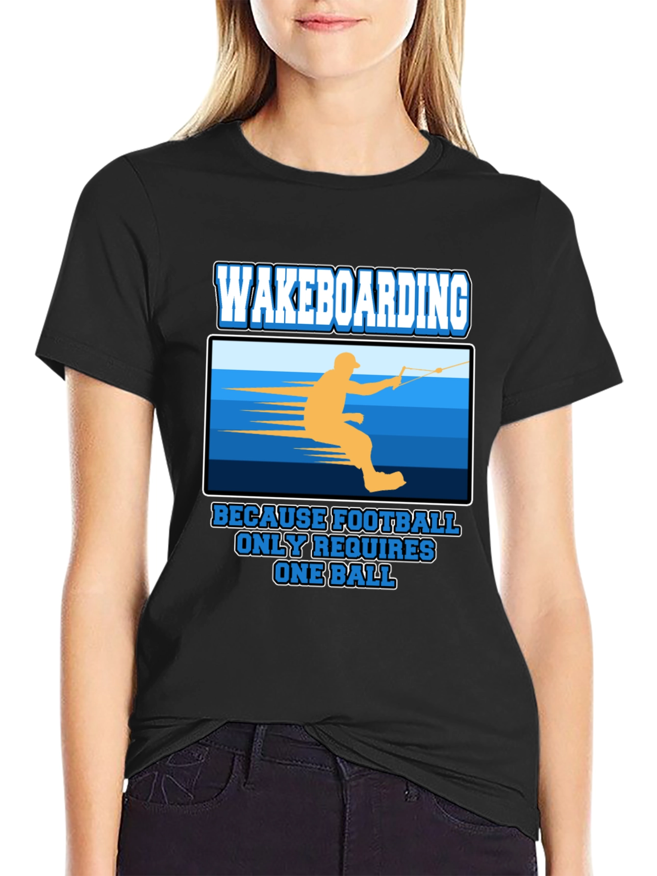 Black Wakeboarding T-Shirt: Because Football Only Requires One Ball view 2