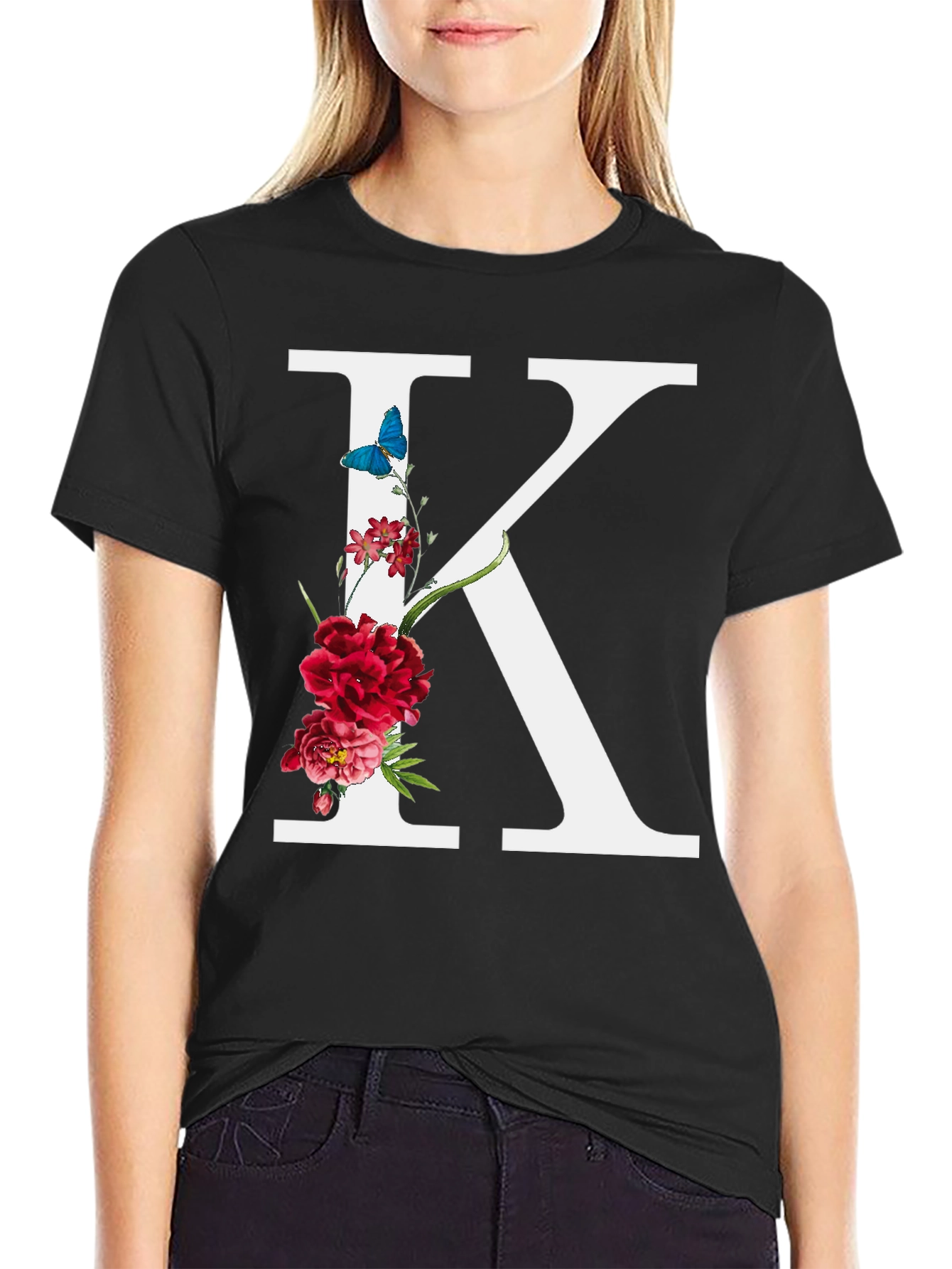 Black Floral Letter K Black T-Shirt view 2