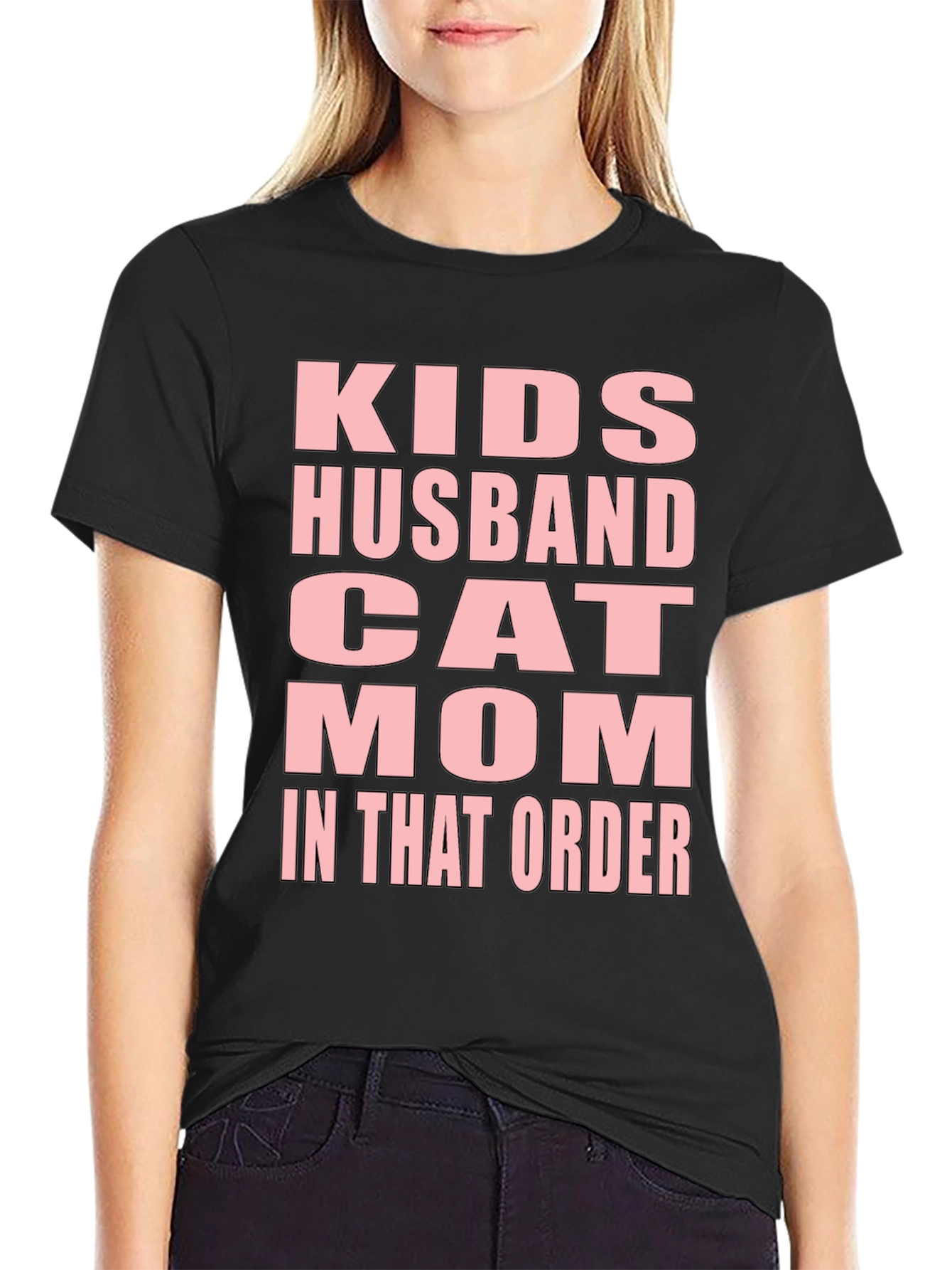Black Funny "Kids Husband Cat Mom" Black T-Shirt view 2