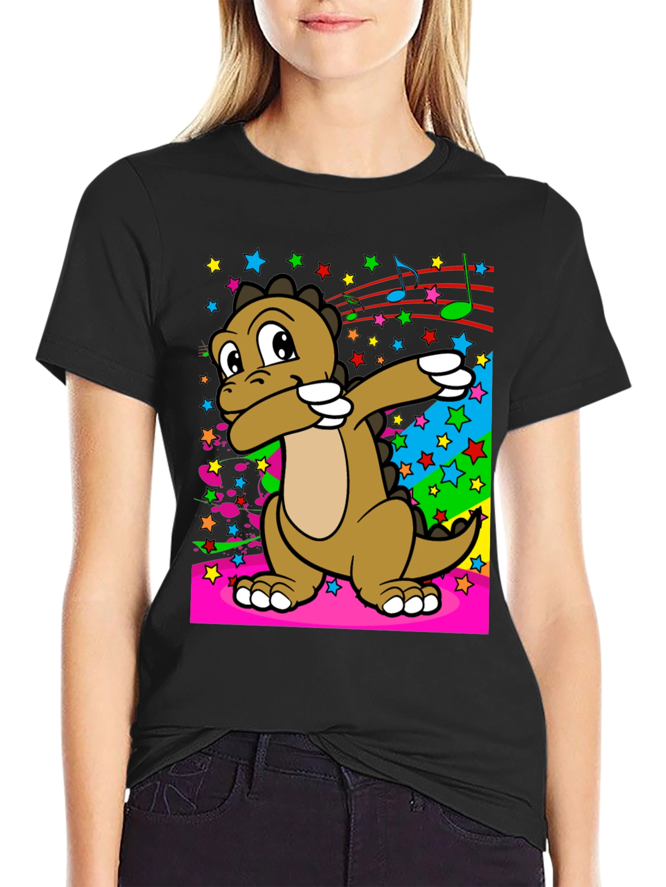 Black Dabbing Dinosaur T-Shirt - Fun Graphic Tee view 2