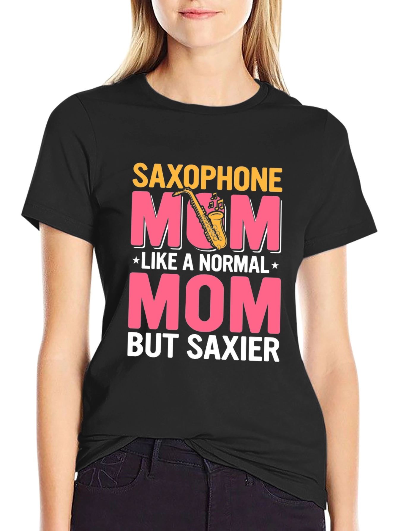 Black Saxophone Mom T-Shirt: Normal Mom But Saxier Tee view 2
