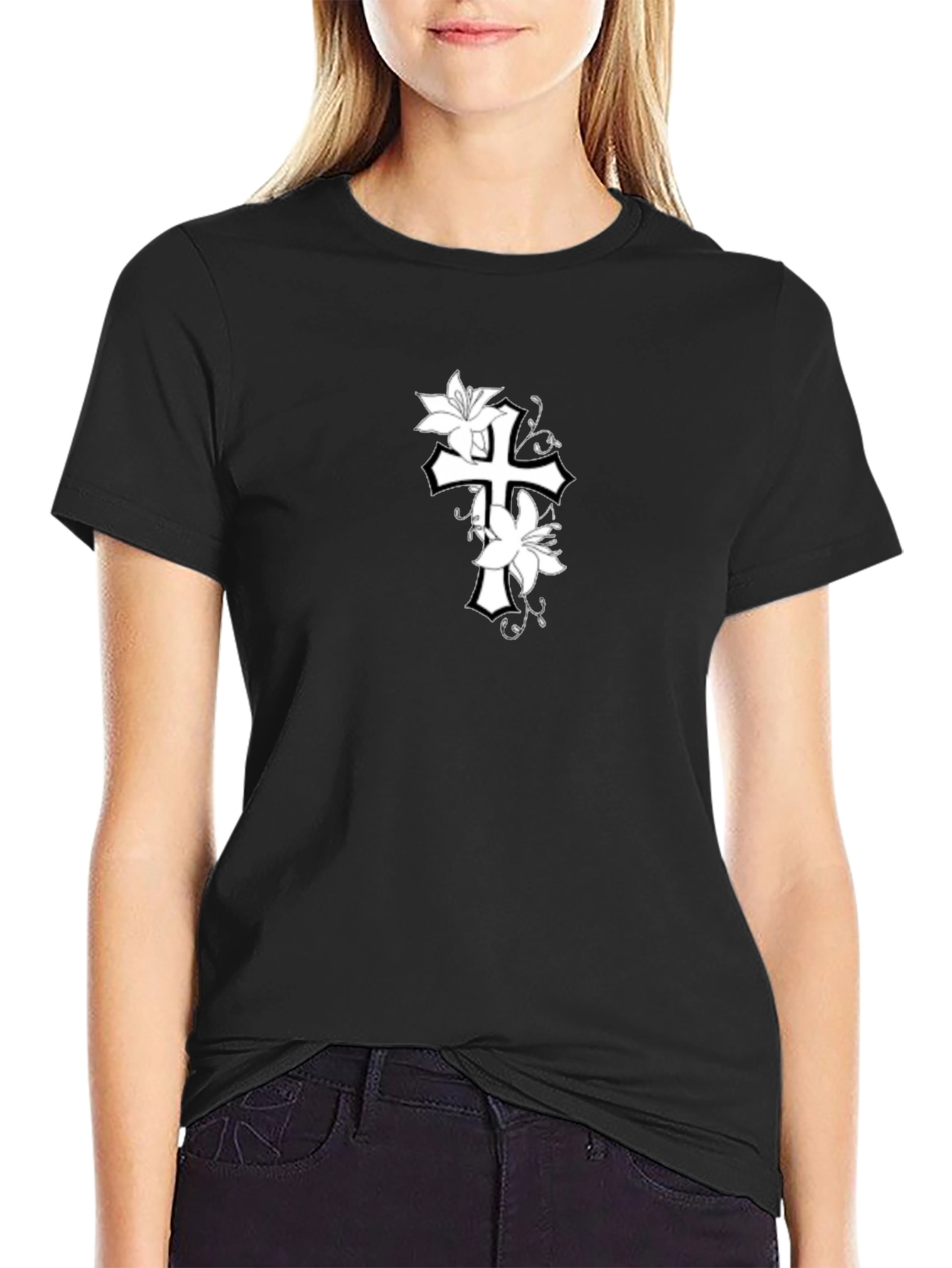 Black Floral Cross Graphic Black T-Shirt view 2