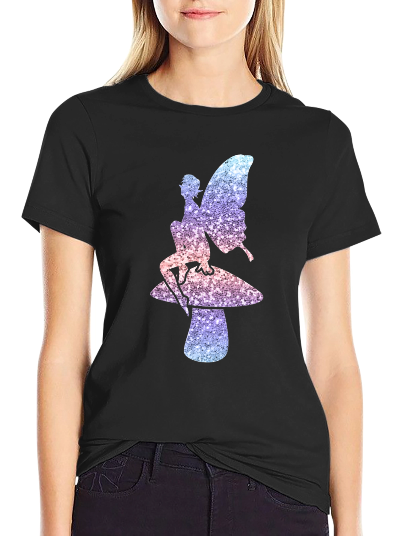 Black Fairy on Mushroom Black T-Shirt view 2