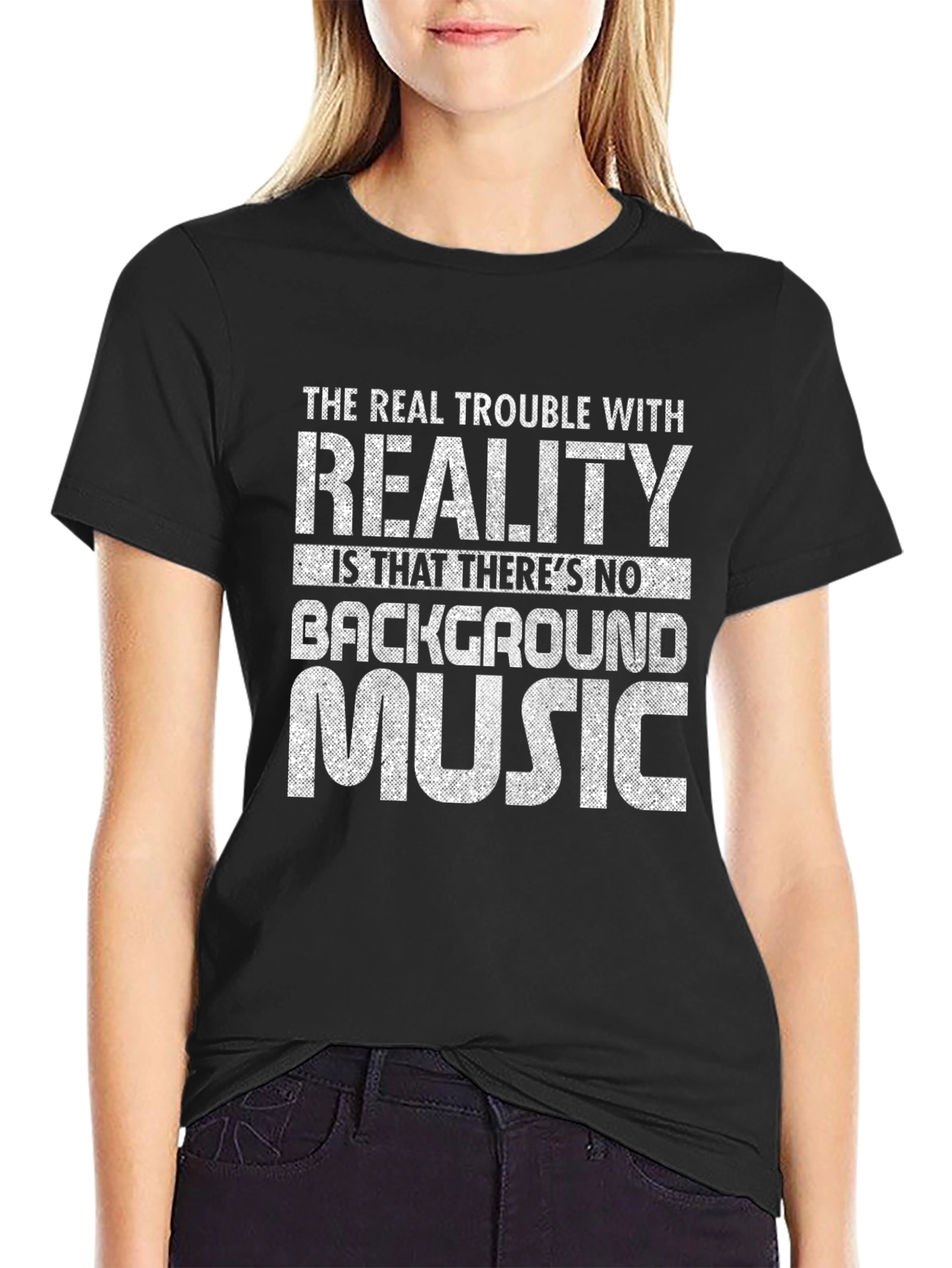 Black Funny Reality Background Music Graphic T-Shirt view 2