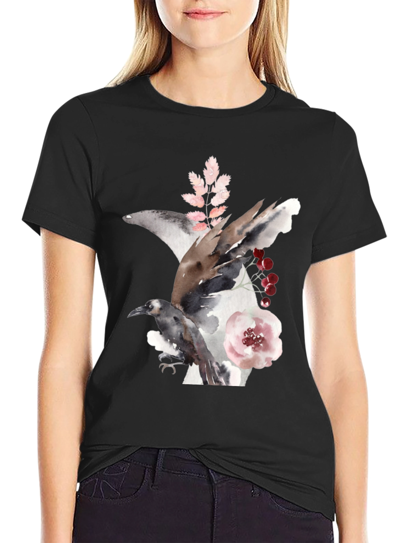 Black Raven & Floral Watercolor Tee view 2