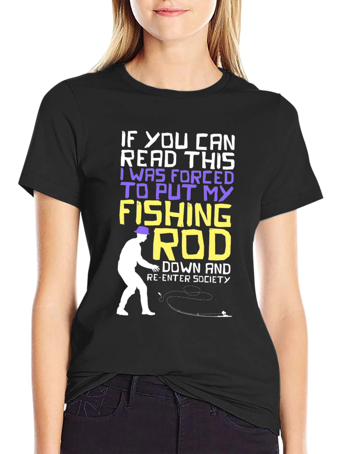 Black Fishing Rod T-Shirt - Forced to Re-Enter Society Humor Tee view 2