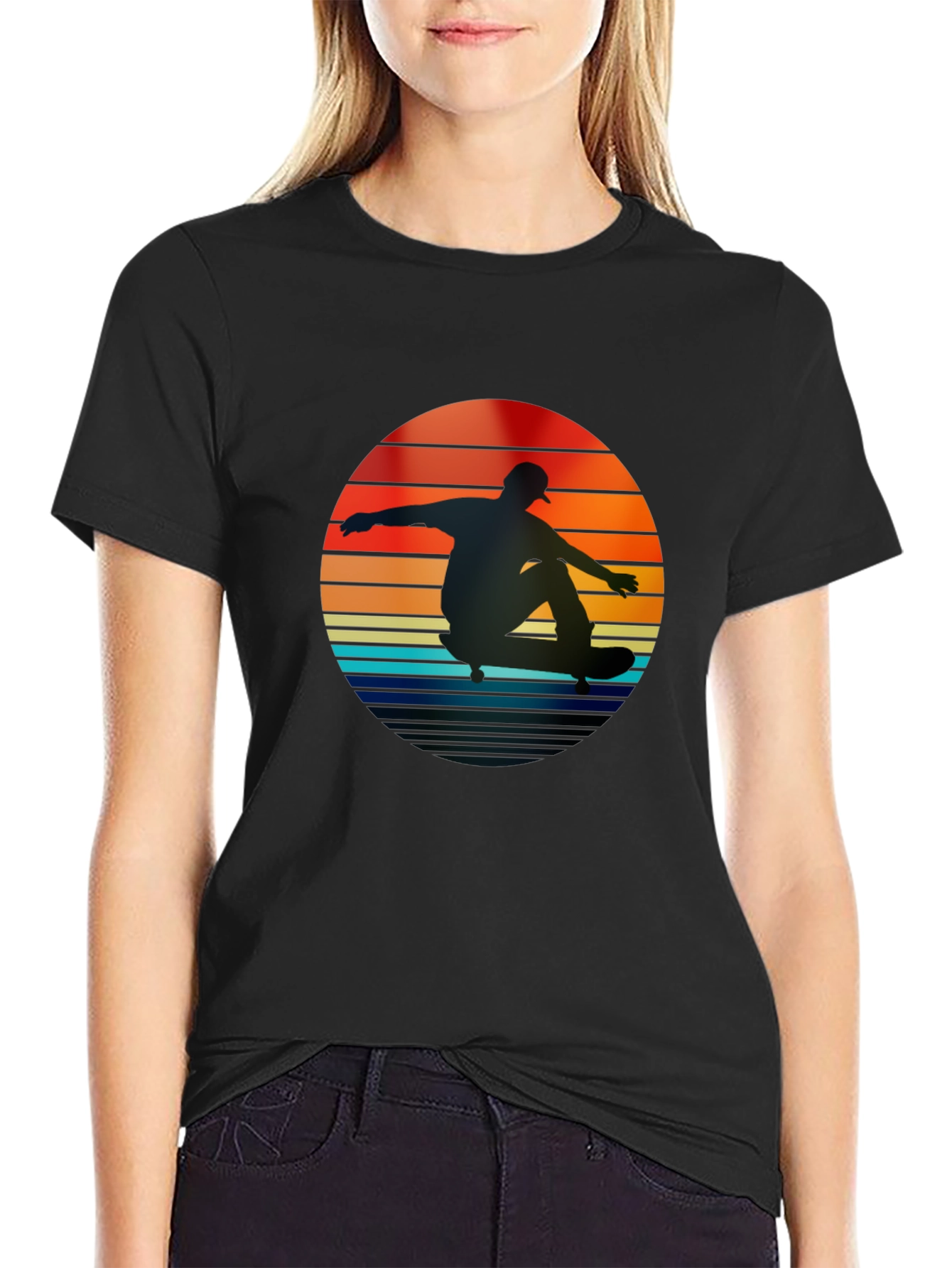 Black Retro Skateboarder Sunset T-Shirt view 2