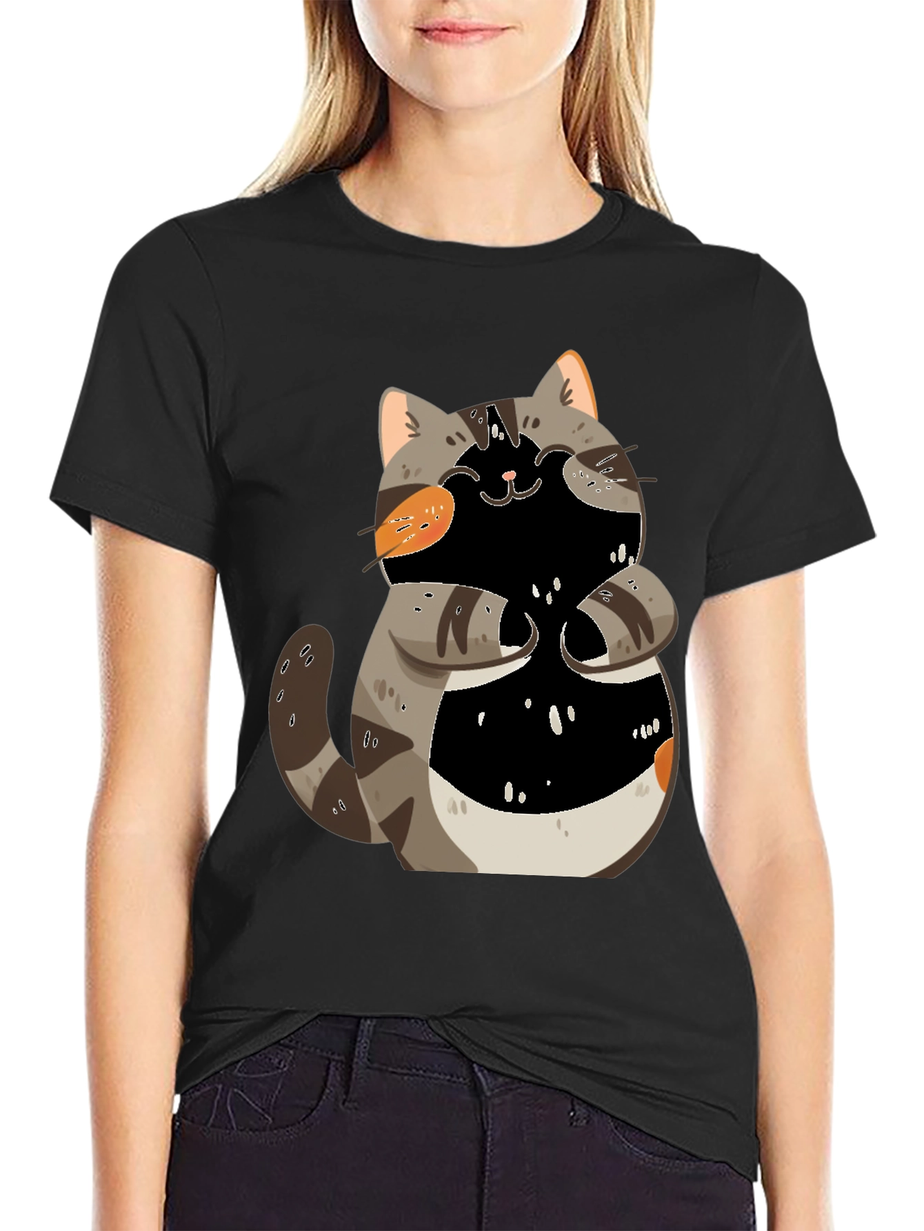 Black Cute Cartoon Cat Graphic T-Shirt view 2