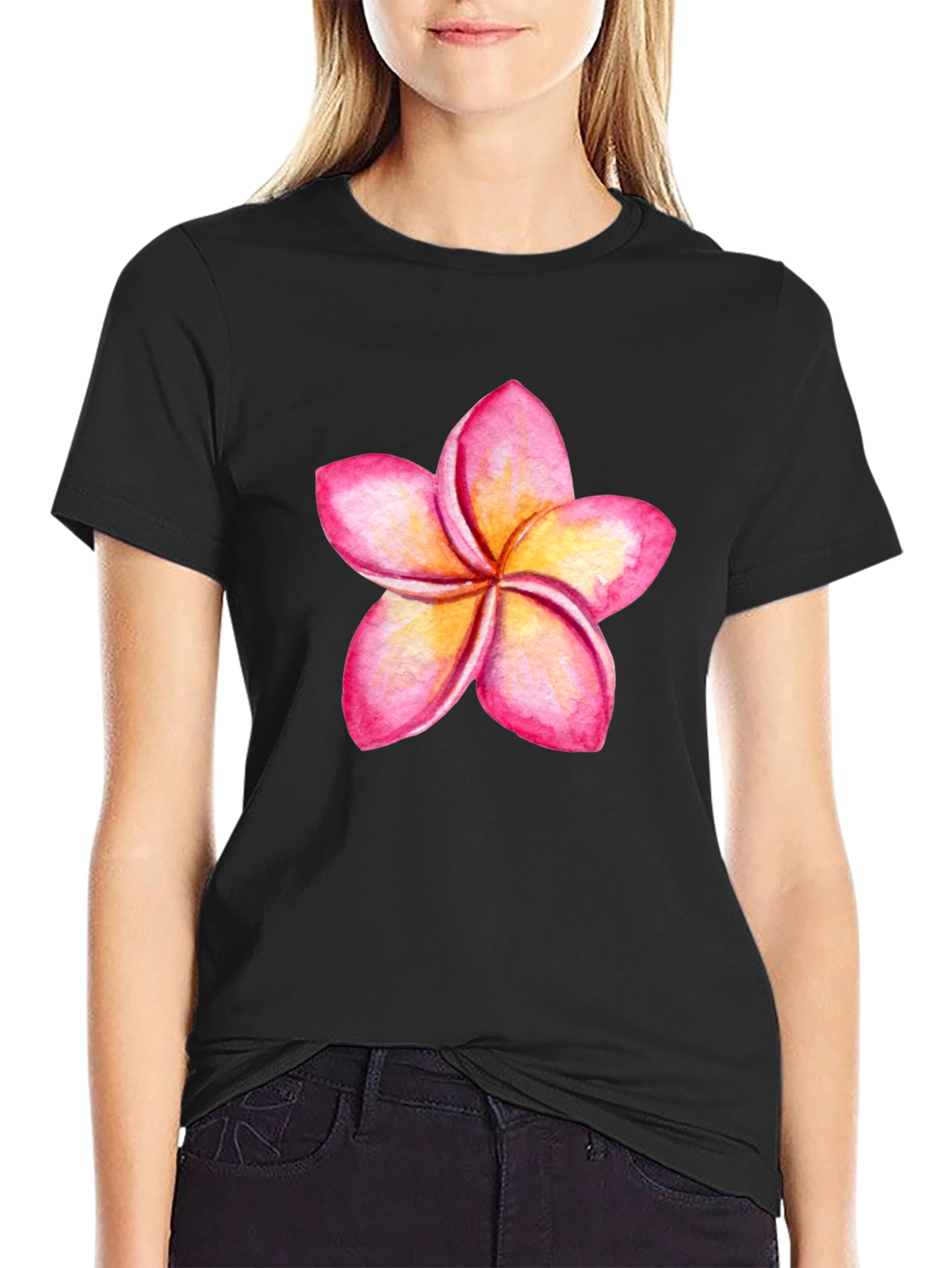 Black Tropical Plumeria Flower Graphic Tee view 2