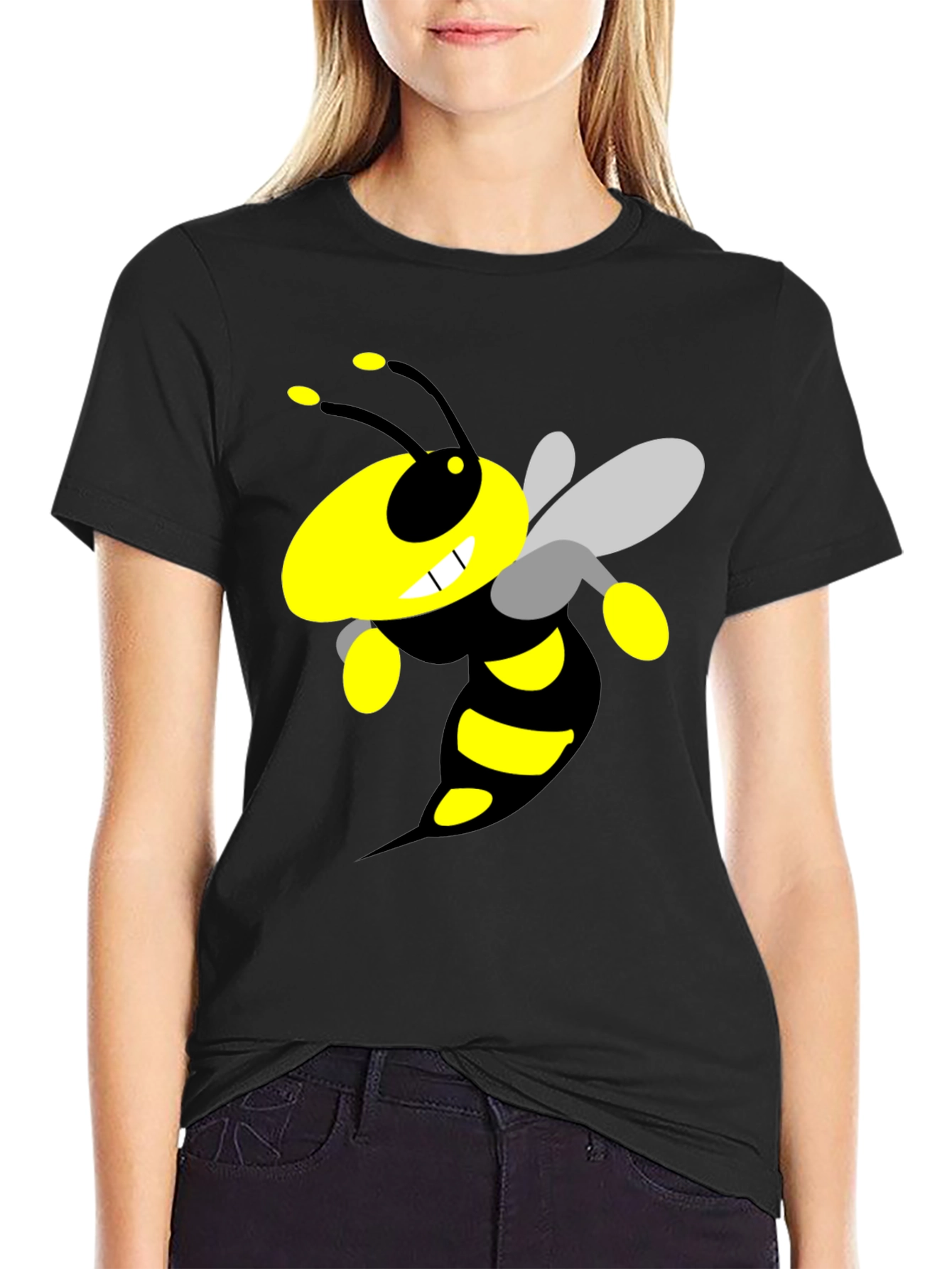 Black Cartoon Bee Graphic Black T-Shirt view 2