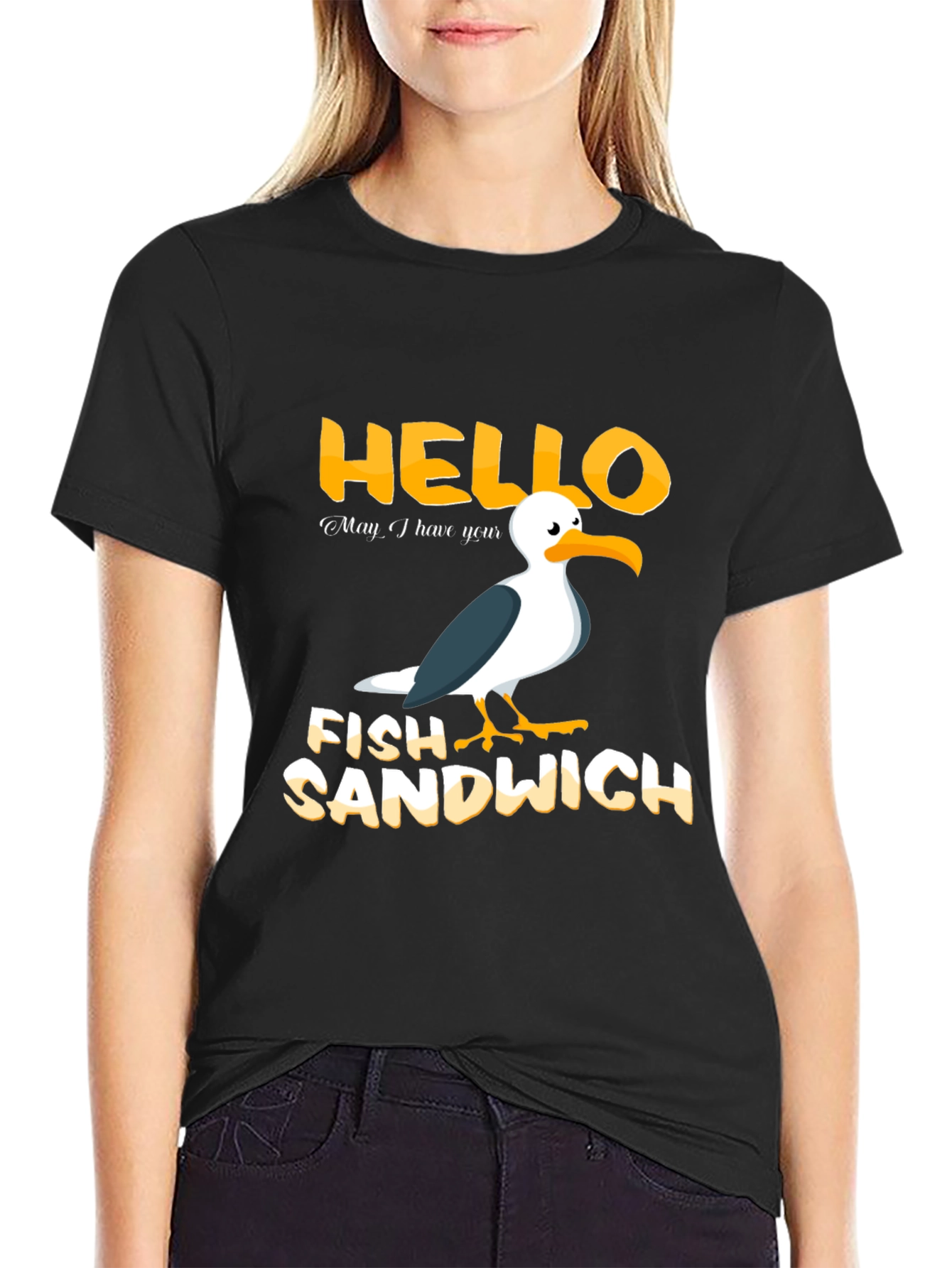 Black Hello Fish Sandwich T-Shirt Funny Seagull Humor Tee view 2