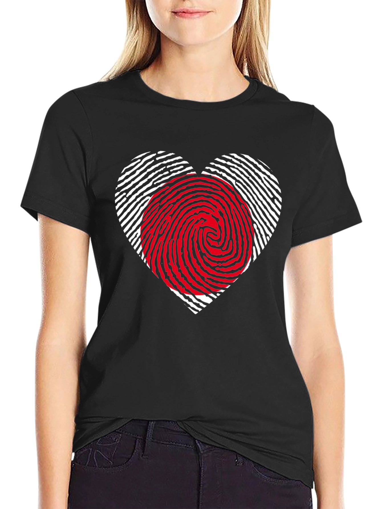 Black Fingerprint Heart Graphic Tee - Stylish Black Shirt view 2
